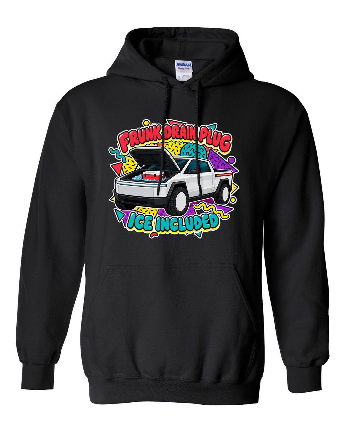 Ford F-150 Lightning retro sticker sheet print about the frunk drain plug and ice black pull over hoodie front view with the design