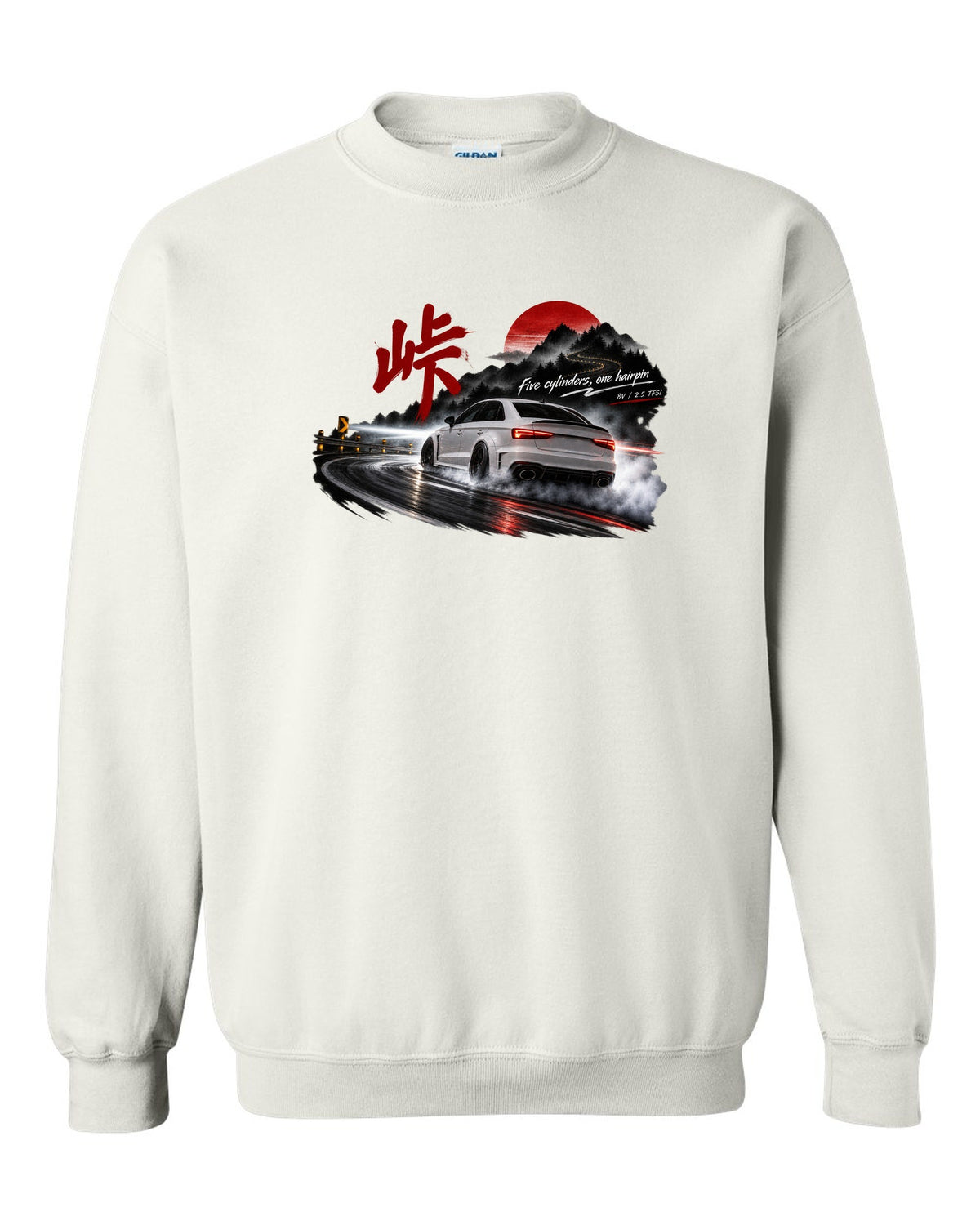Audi RS3 8V sedan rear three-quarter sliding at night with touge kanji white crewneck front view with the design