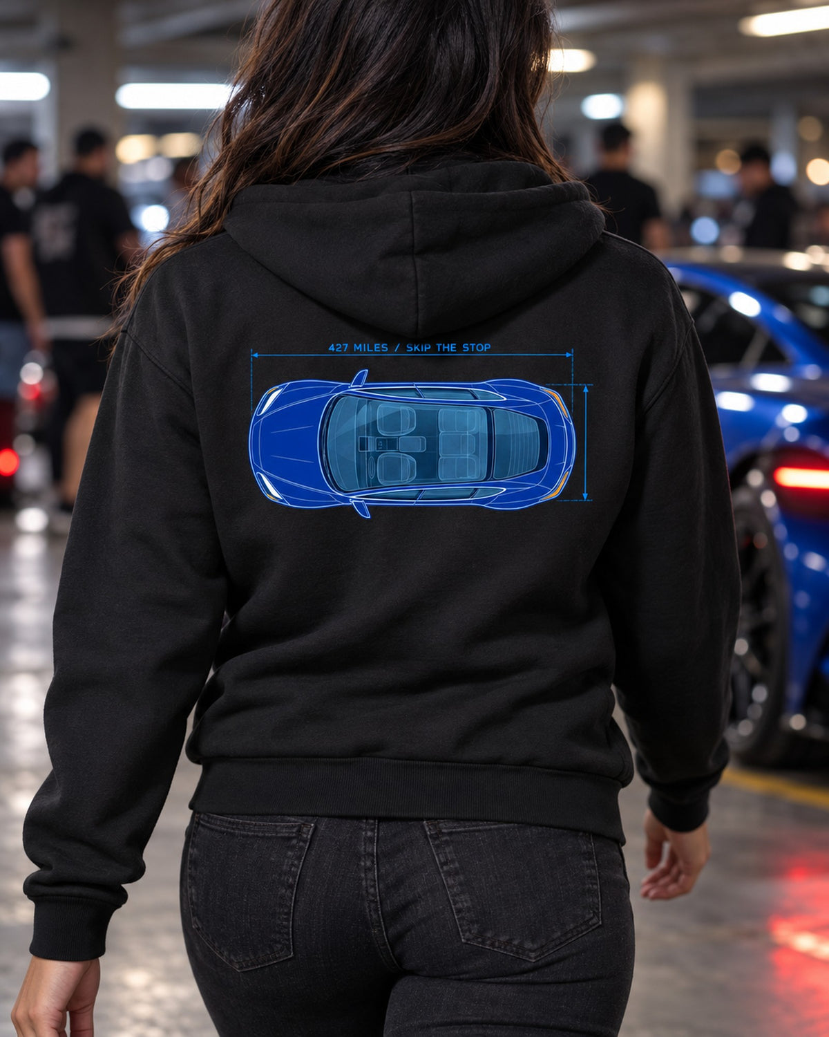 Lucid Air Sapphire Cyan Blueprint Shirt, Range Joke Tee Zip Hoodie Black worn hero