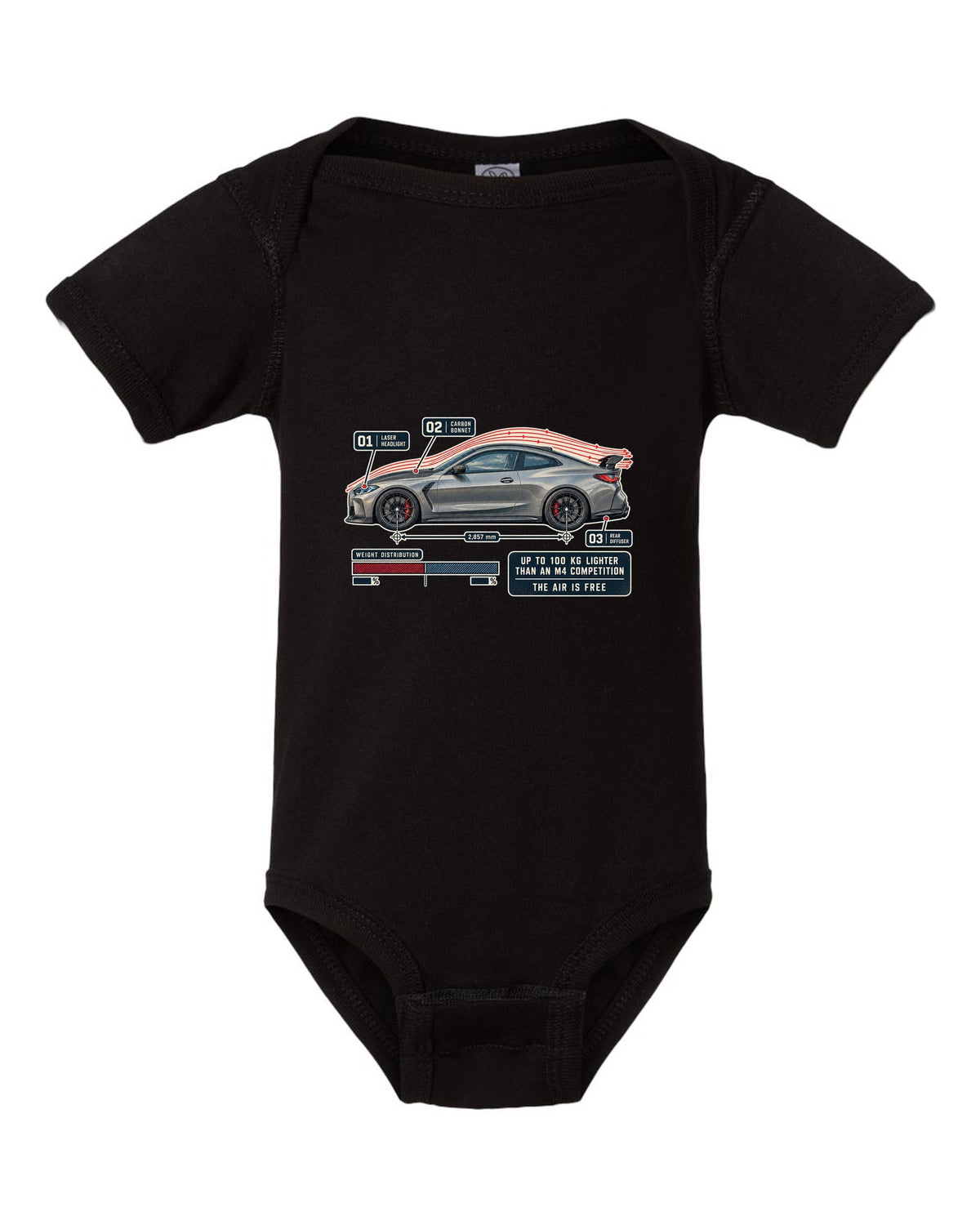 BMW M4 CSL G82 aero flow cutaway print black baby onesie front view with the design