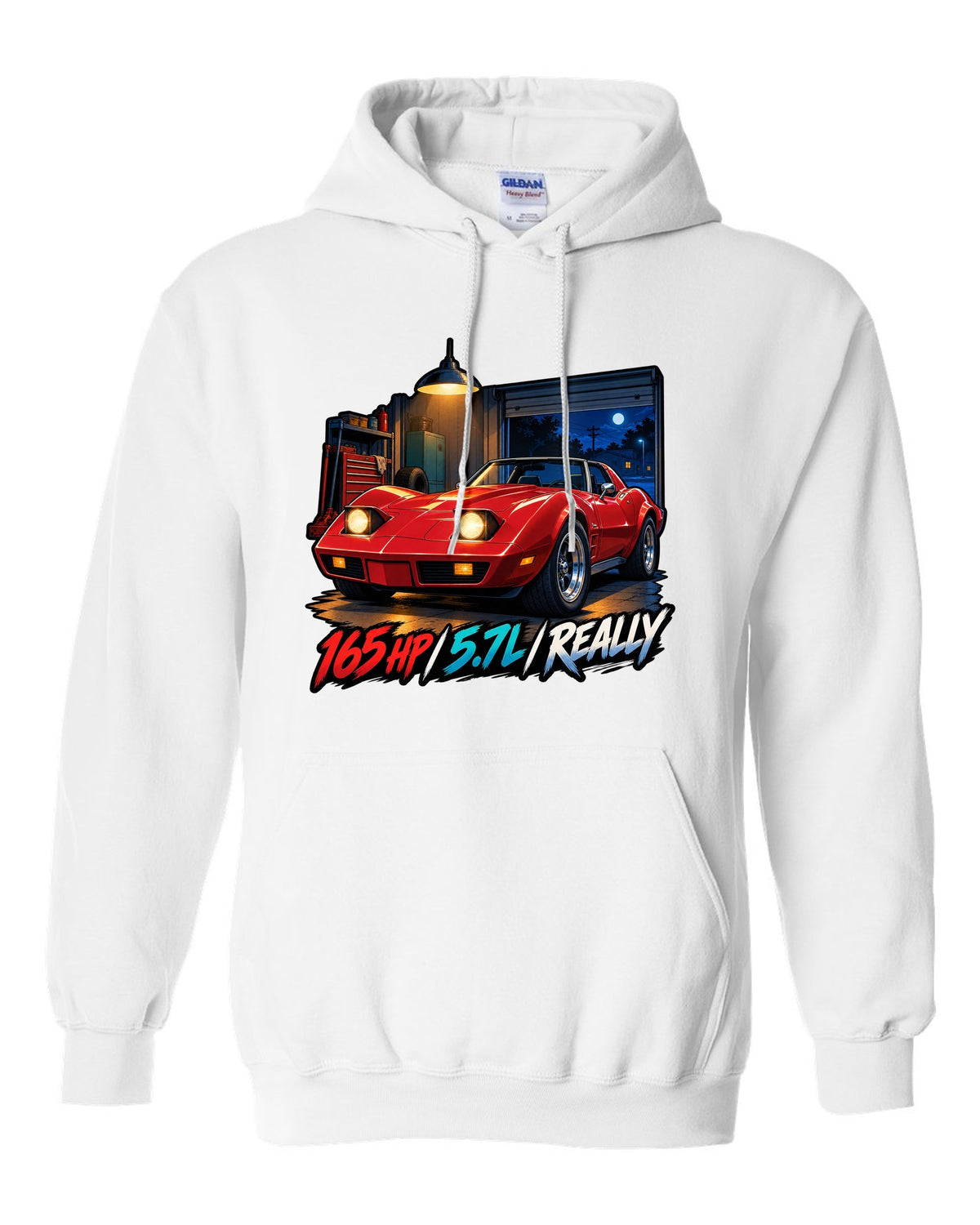 Cel-shaded anime night touge print of a 1975 Chevrolet Corvette C3 Stingray with 165 HP 5.7L lettering white pull over hoodie front view with the design