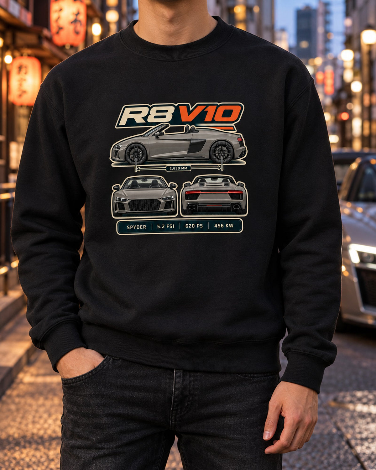 Audi R8 Spyder V10 Performance Three-View Spec Table Shirt Crewneck Black worn hero