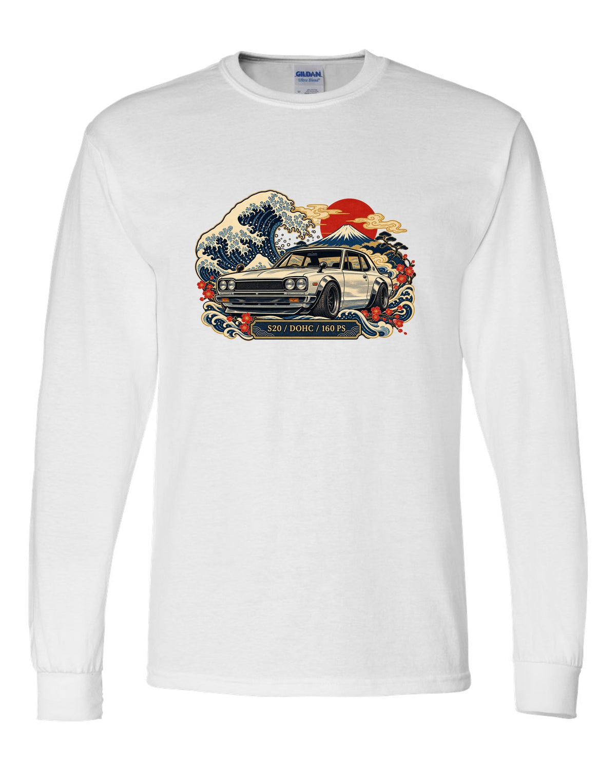 Ukiyo-e woodblock wave print of the Skyline 2000GT-R Hakosuka KPGC10 with S20 DOHC 160 PS lettering white long sleeve front view with the design