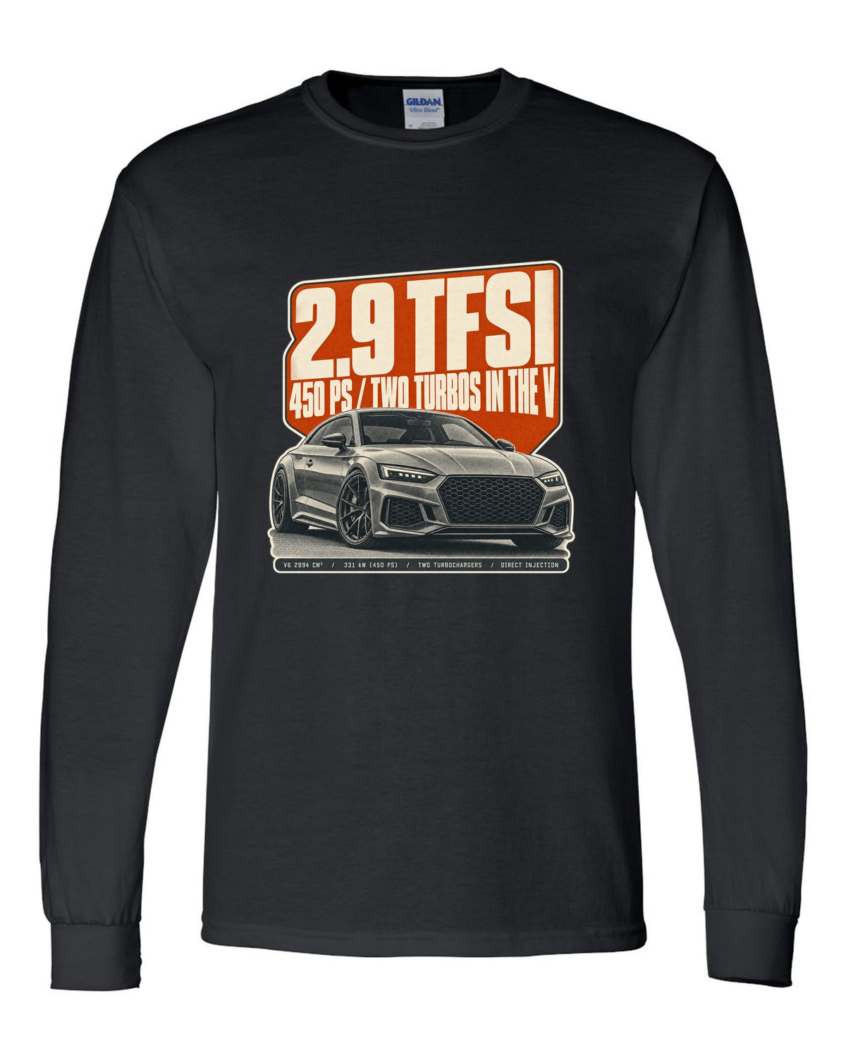 Halftone print of an Audi RS5 Coupe B9 with 2.9 TFSI and 450 PS text black long sleeve front view with the design