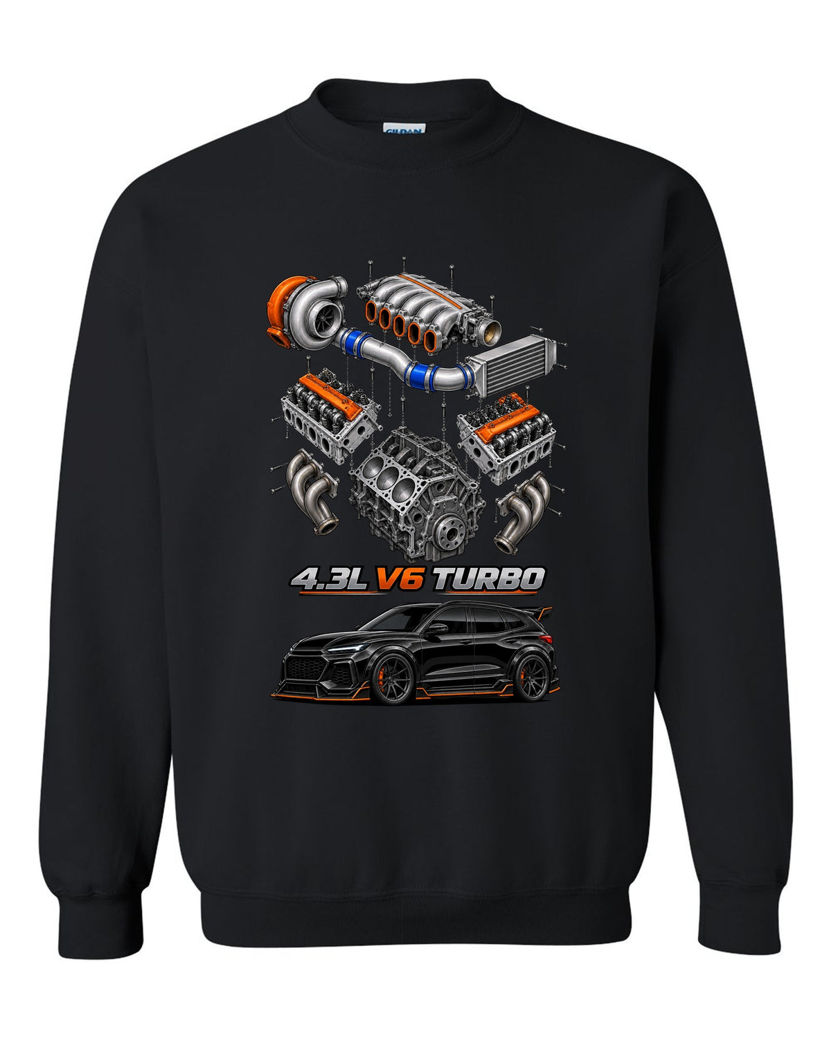 Exploded cutaway drawing of the 4.3L turbo V6 engine in a 1992-93 GMC Typhoon, printed on a shirt back black crewneck front view with the design