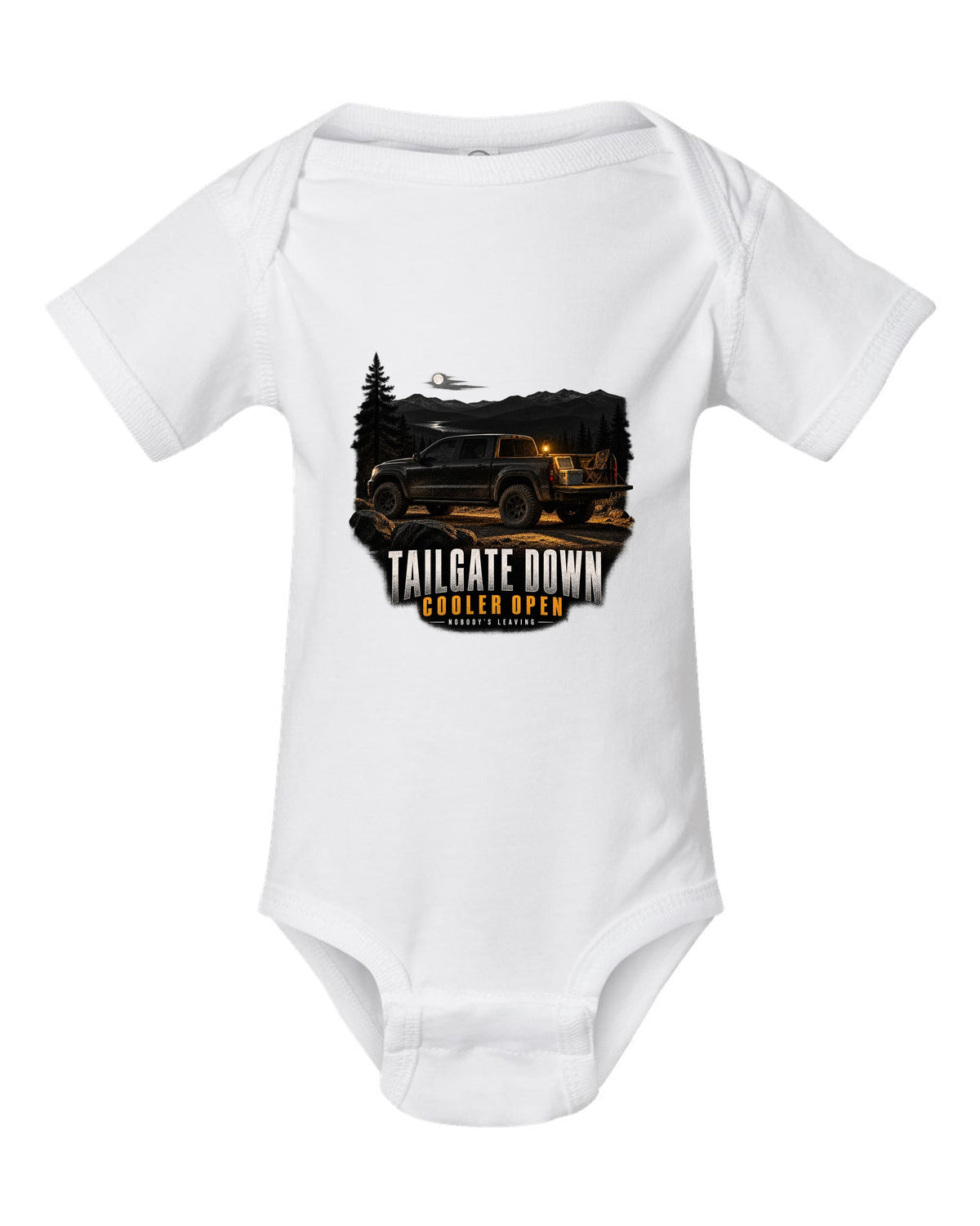 Jeep Gladiator JT with tailgate down in a night garage print white baby onesie front view with the design