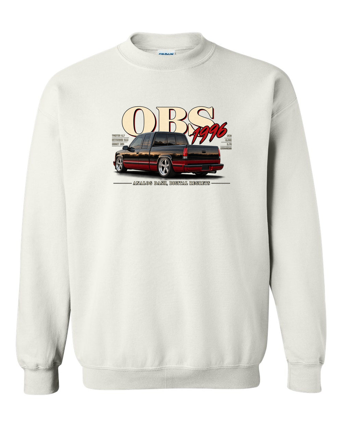 1996 OBS Chevy C1500 extended cab editorial headline print white crewneck front view with the design