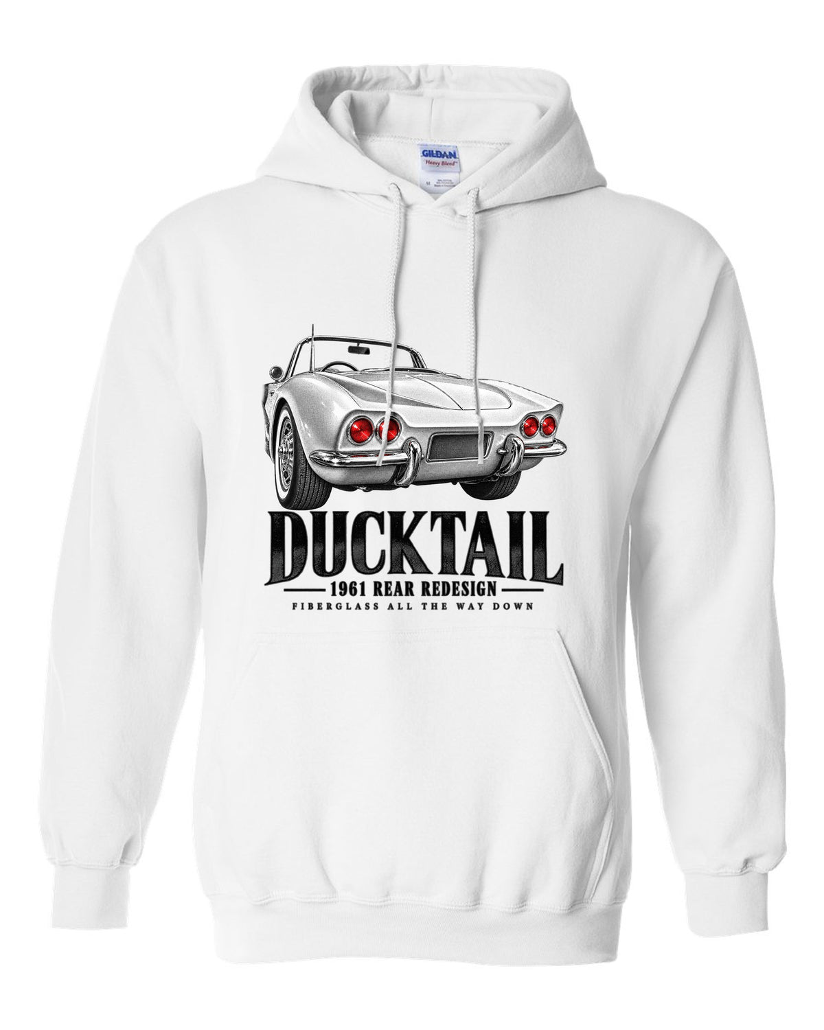 Chevrolet Corvette C1 1961 rear ducktail detail print white pull over hoodie front view with the design