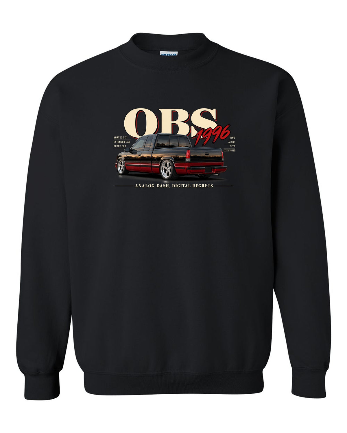1996 OBS Chevy C1500 extended cab editorial headline print black crewneck front view with the design