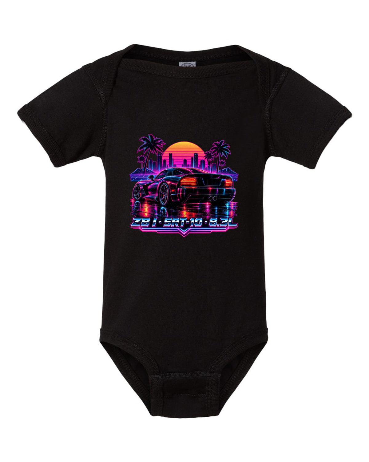 Synthwave neon rain street print of a 2005 Dodge Viper SRT-10 ZB I tail black baby onesie front view with the design