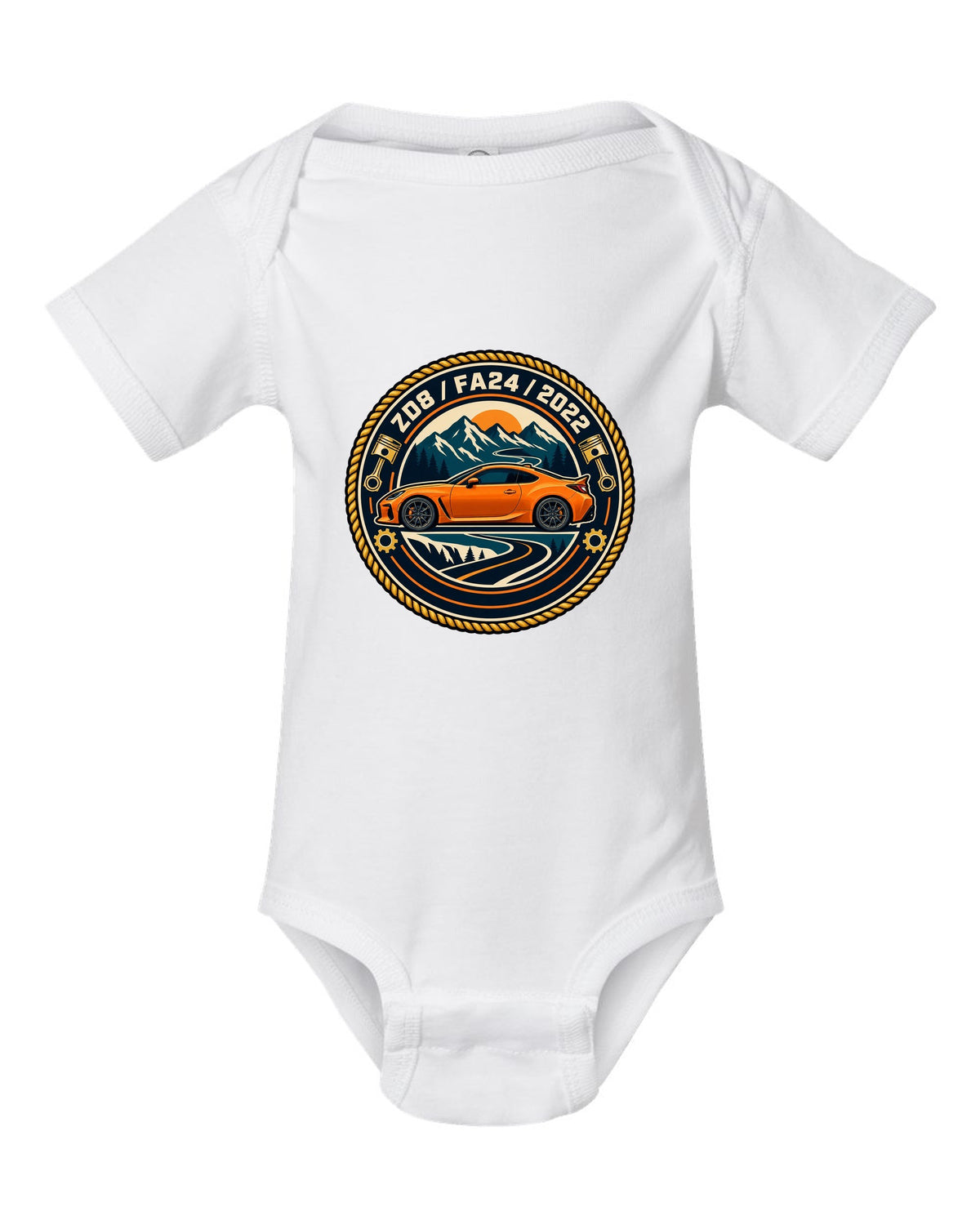 Subaru BRZ ZC6 tS in pastel vaporwave style, ZC6 / FA20 white baby onesie front view with the design