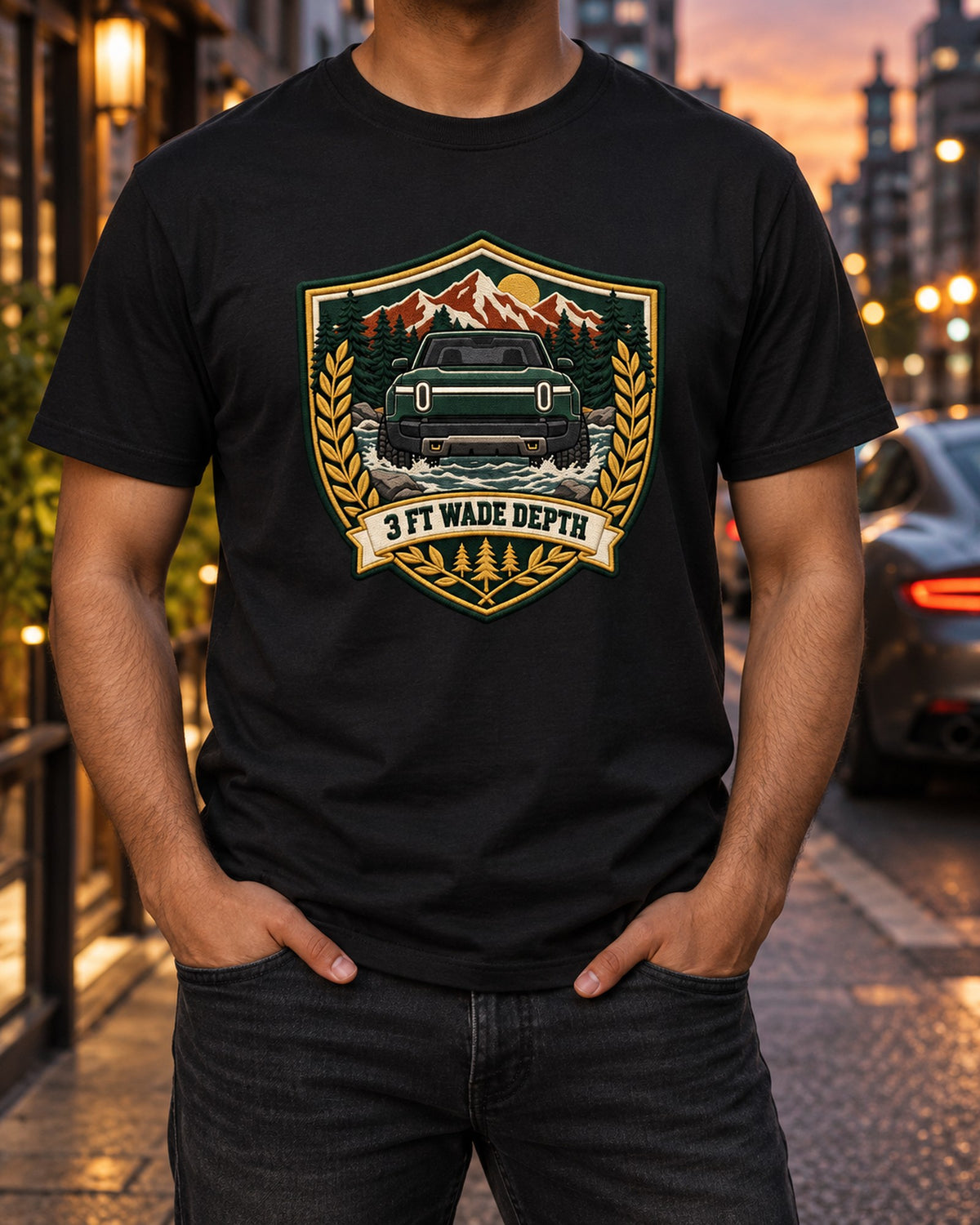 Rivian R1T Wade Crest Varsity Shirt, Truck Owner Gift T-Shirt Black worn hero