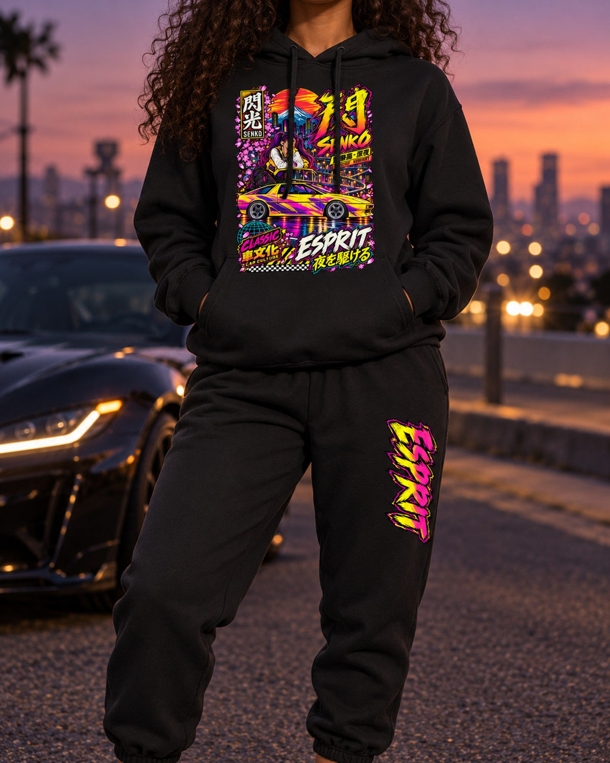 Esprit Senko Anime Girl Poster Hoodie + Jogger Set Black worn hero