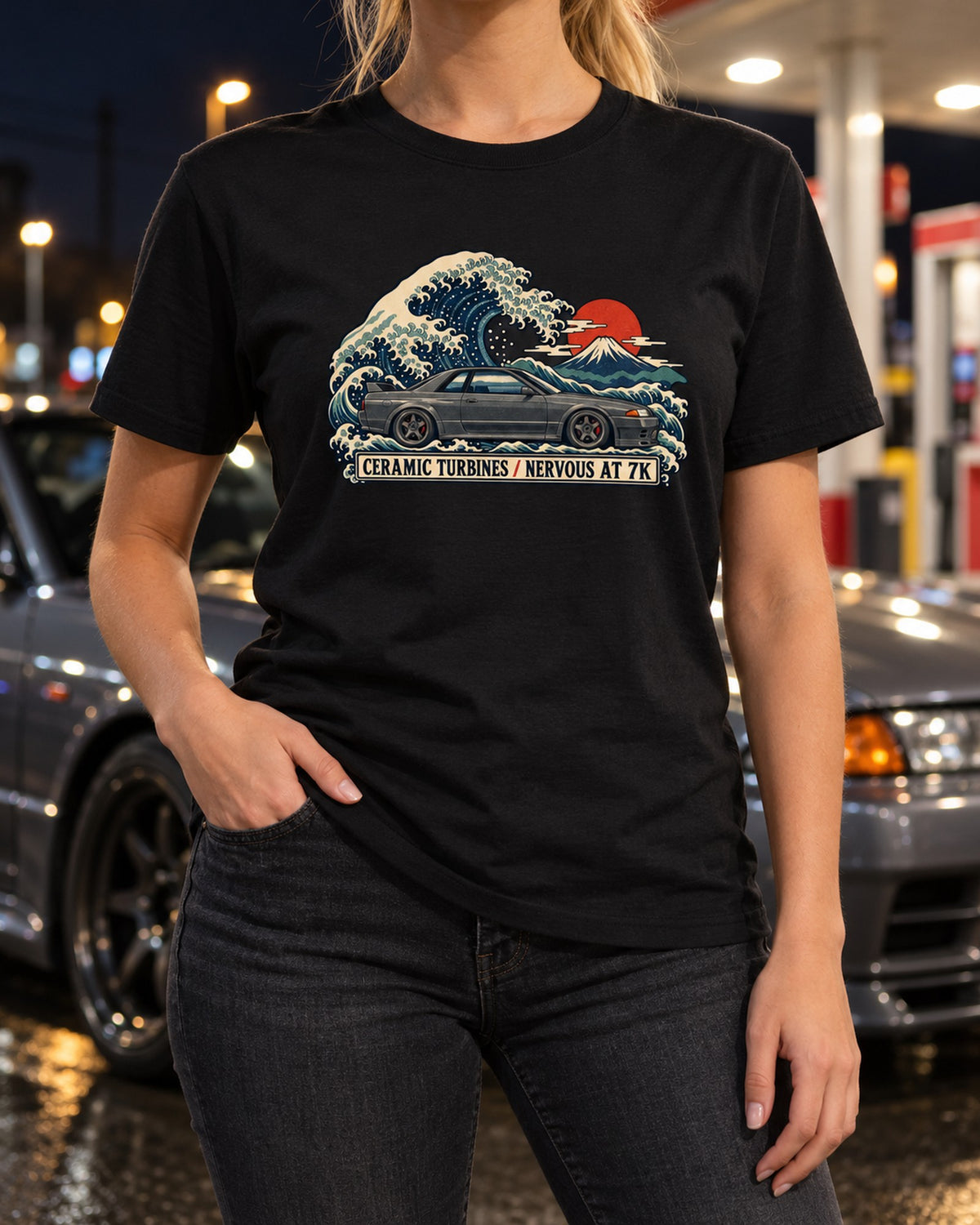 Gun Grey Wave Rising, Skyline GT-R R32 Ukiyo-e Print Shirt T-Shirt Black worn hero