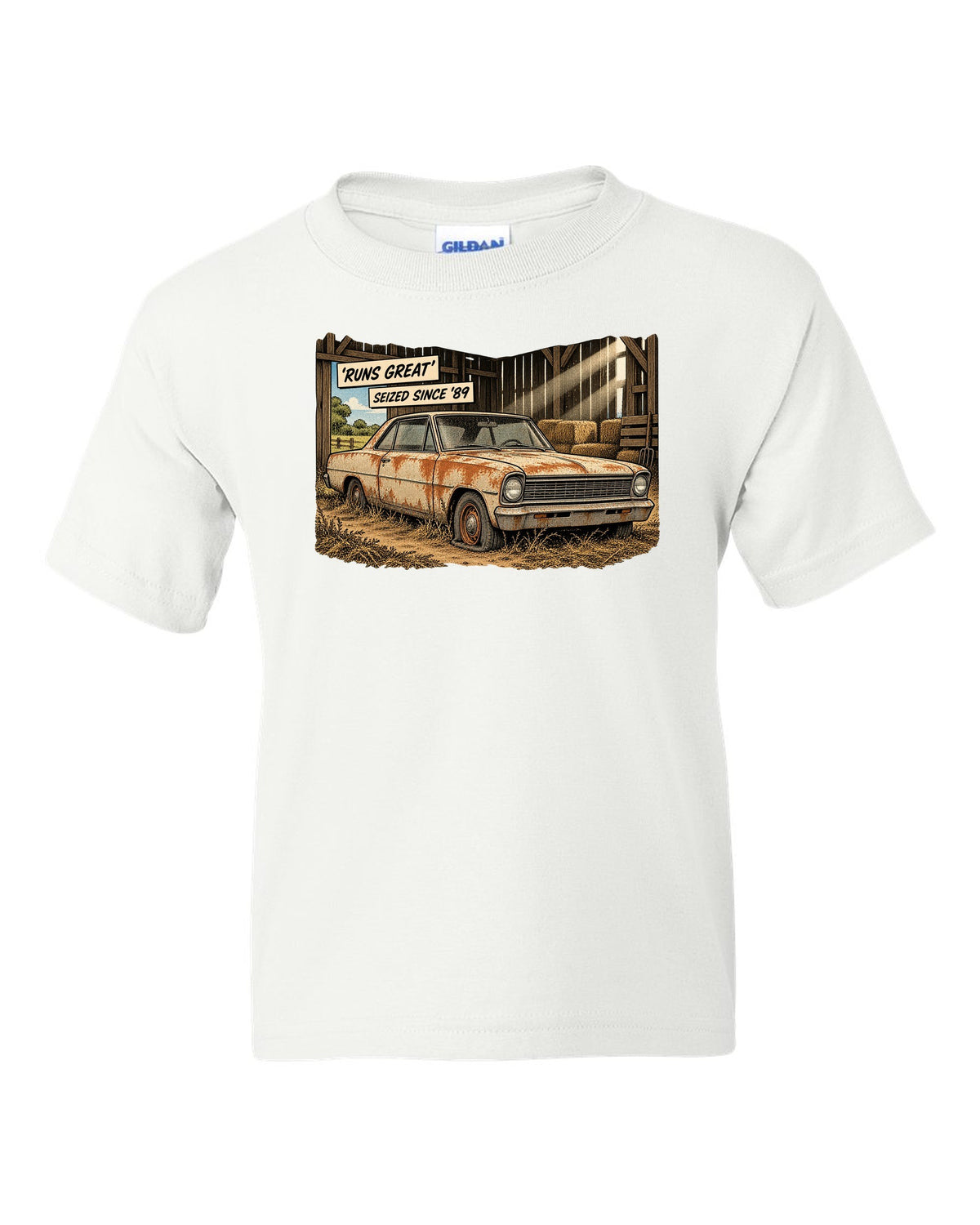Synthwave print of a 1971 Chevelle SS 454 taillights with the text Runs Great, Seized Since '89 white kids tee front view with the design