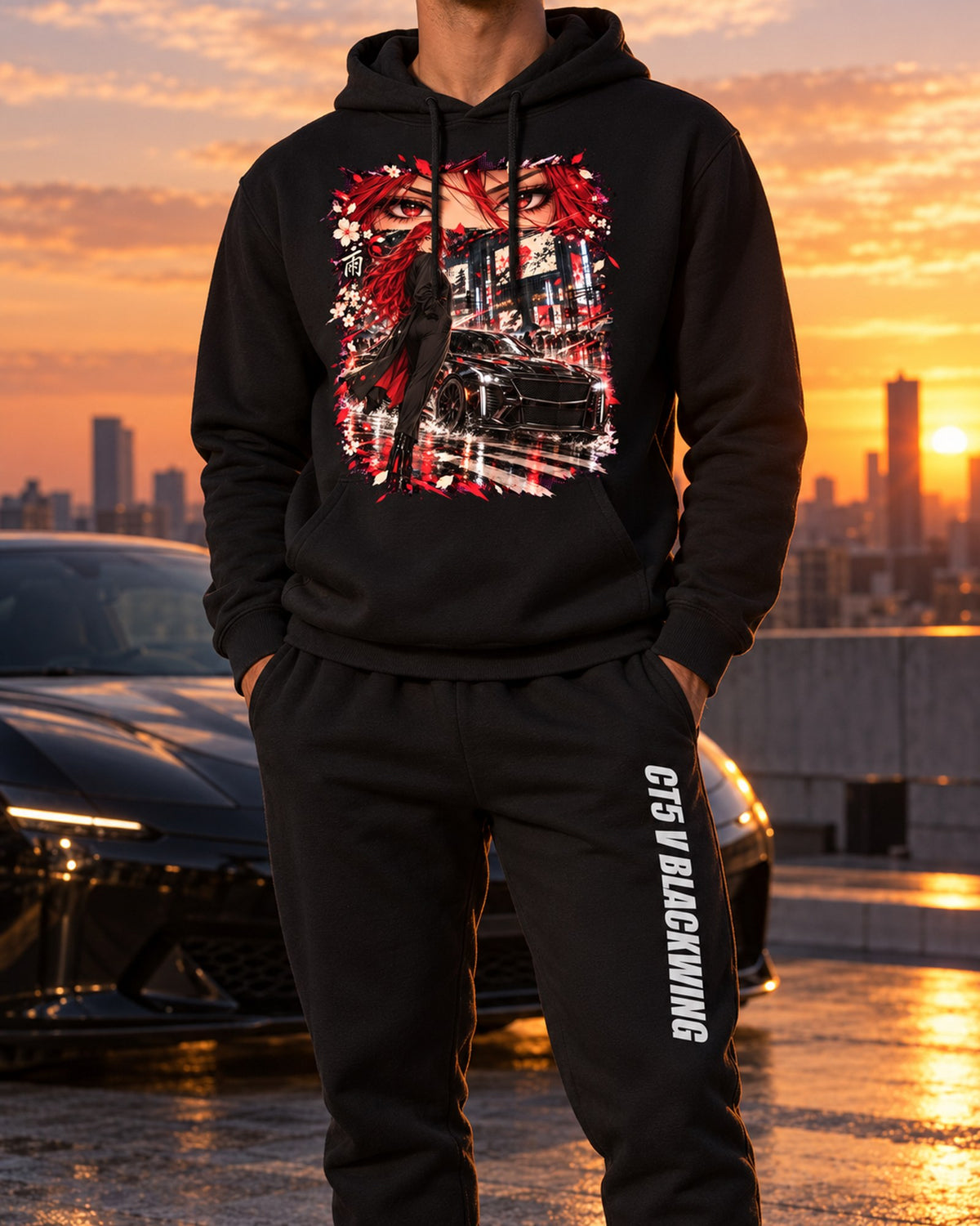 Cadillac CT5 V Blackwing Anime Girl Hoodie + Jogger Set Black worn hero