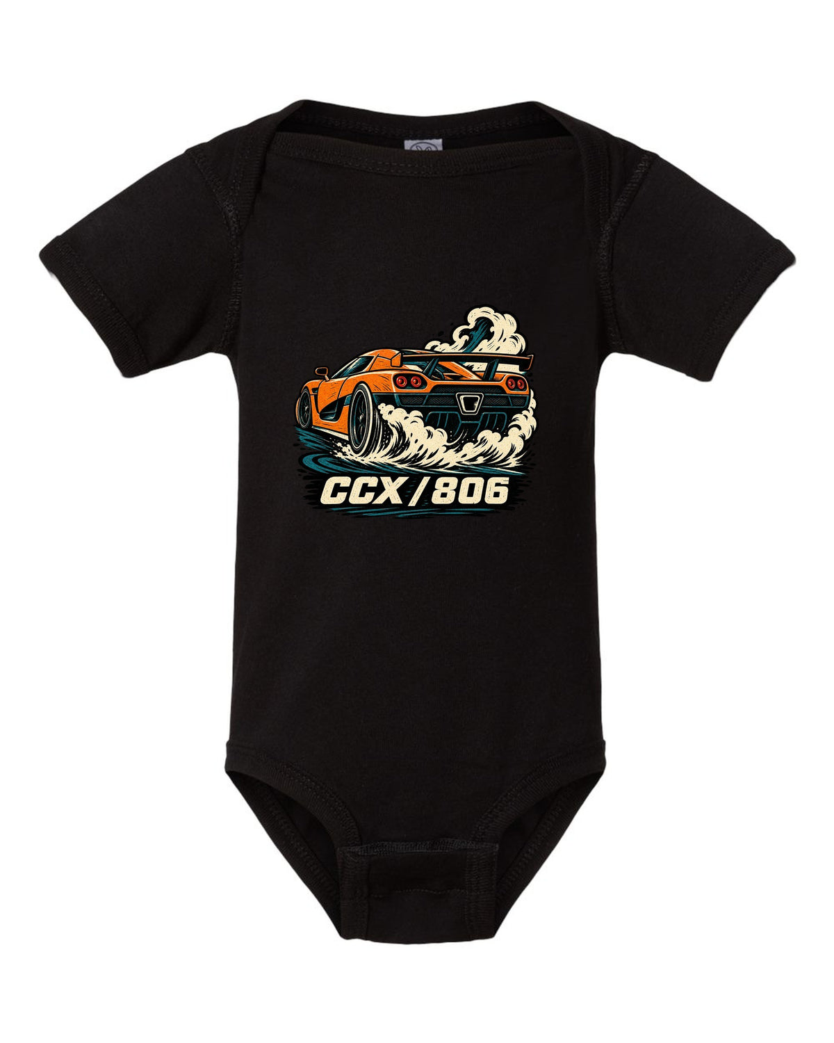 Linocut style illustration of a Koenigsegg CCX doing a burnout with CCX 806 lettering black baby onesie front view with the design