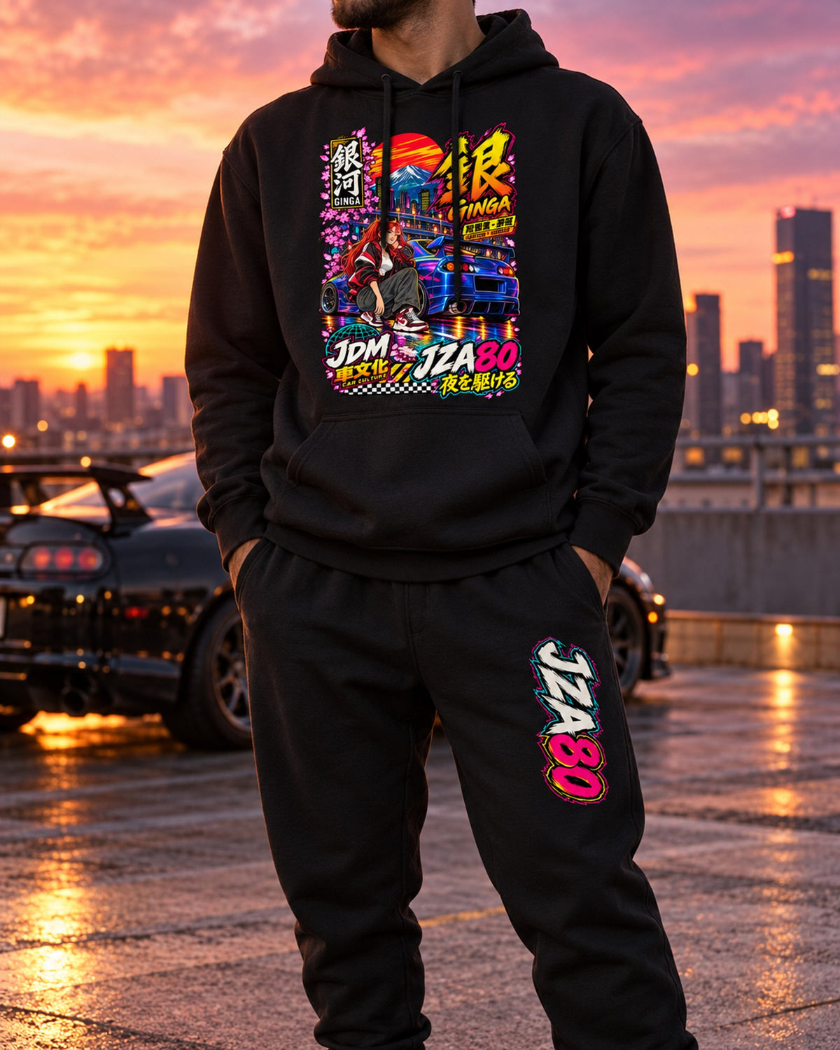 JZA80 Ginga Anime Girl Poster Hoodie + Jogger Set Black worn hero