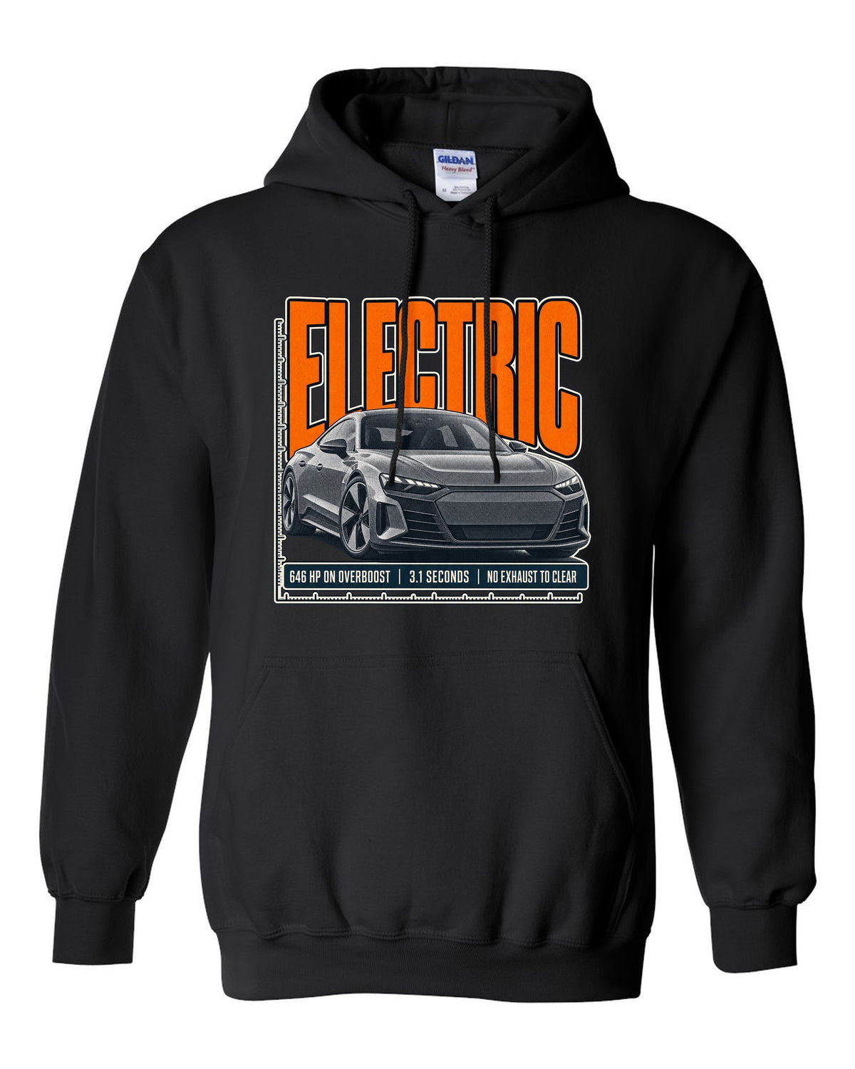 Audi RS e-tron GT low front three-quarter halftone statement print design black pull over hoodie front view with the design