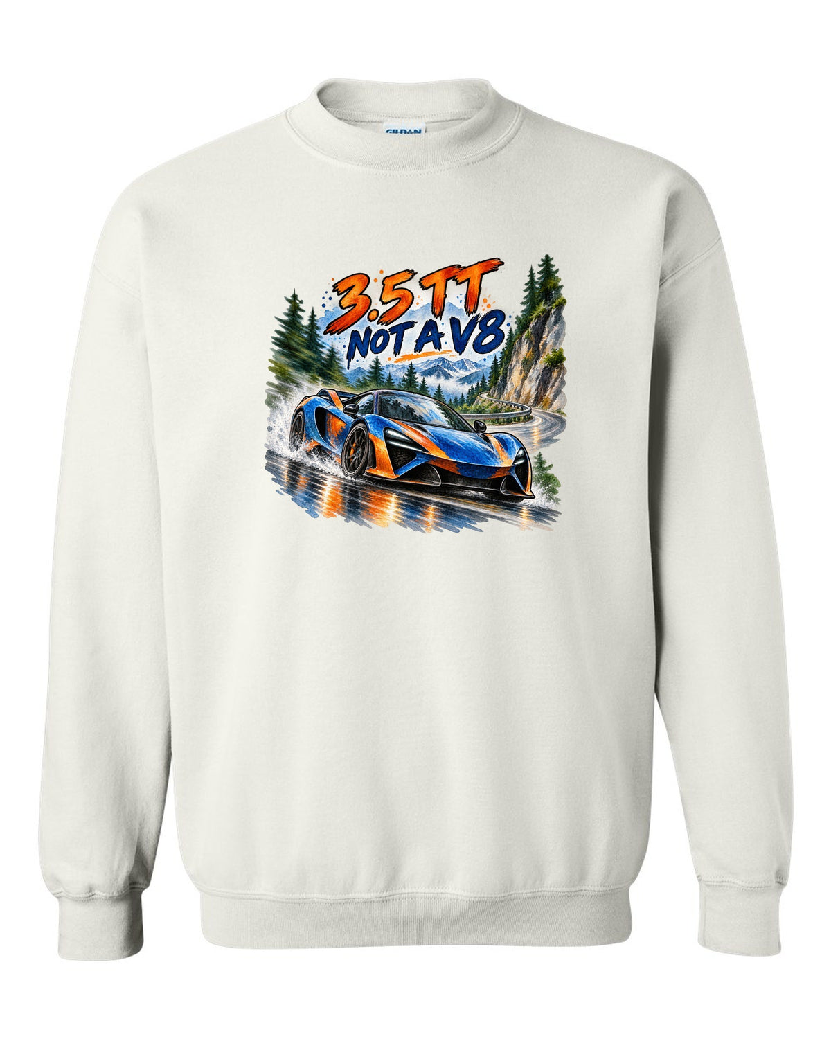 Ford GT 2017-2022 on a hairpin in a watercolour wash print white crewneck front view with the design