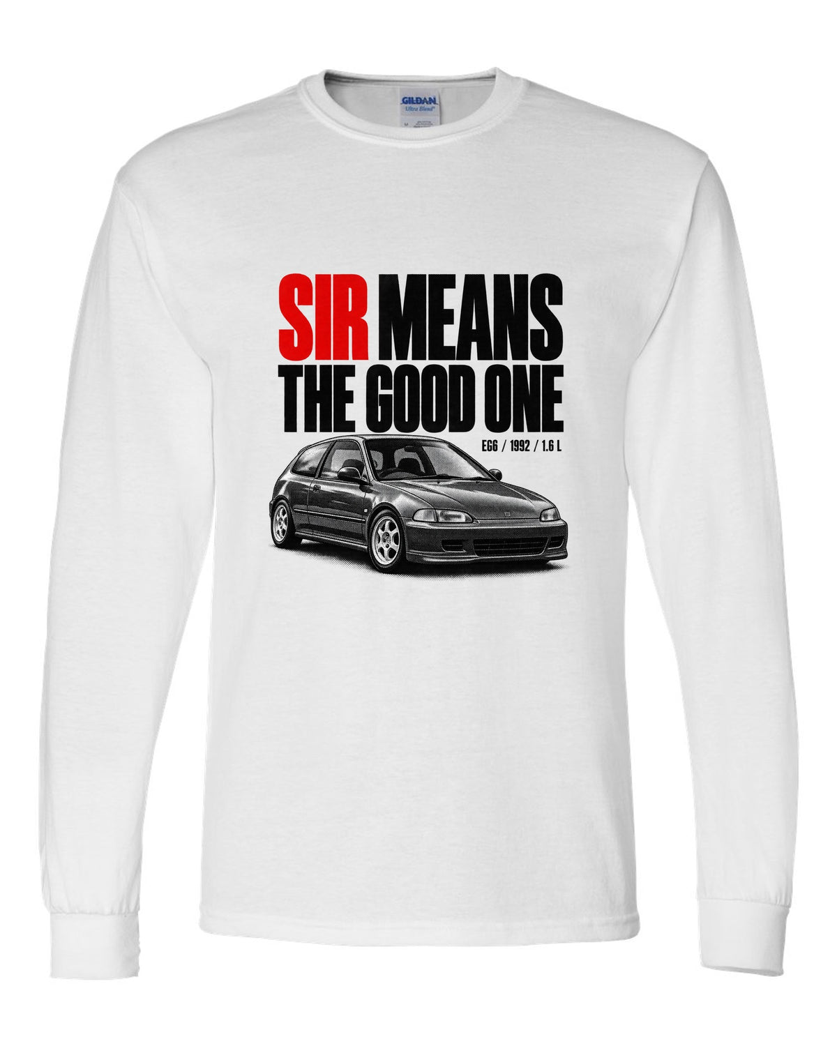 Halftone print of a 1992 Honda Civic EG6 SiR chback with SiR text white long sleeve front view with the design