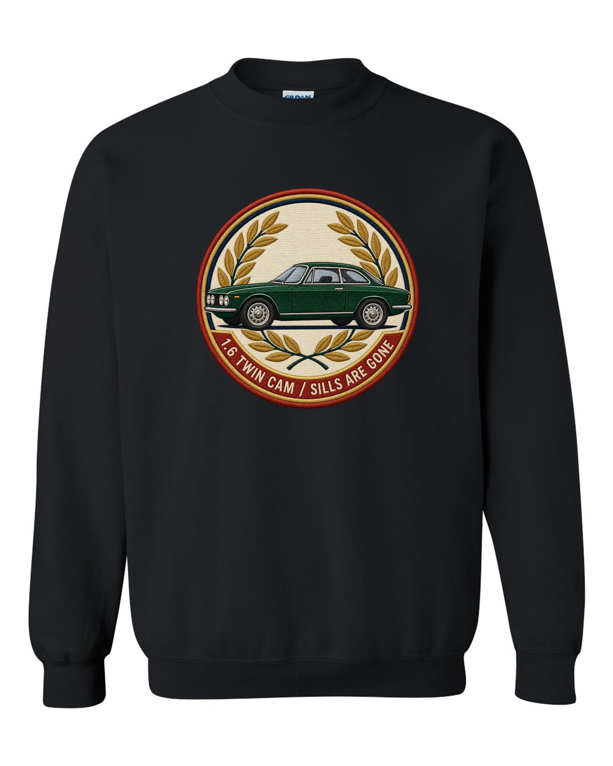 Embroidery style varsity crest for an Alfa Romeo Giulia Sprint GT 105 with 1.6 twin cam black crewneck front view with the design