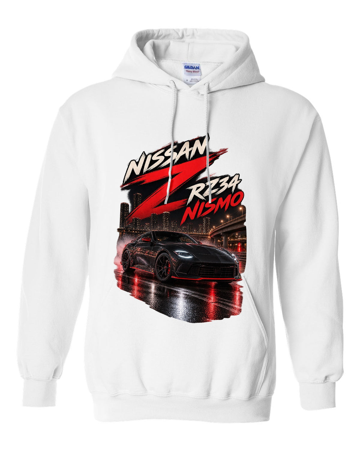 Nissan RZ34 Z spec poster with 2022 debut, VR30DDTT and 400 hp text white pull over hoodie front view with the design