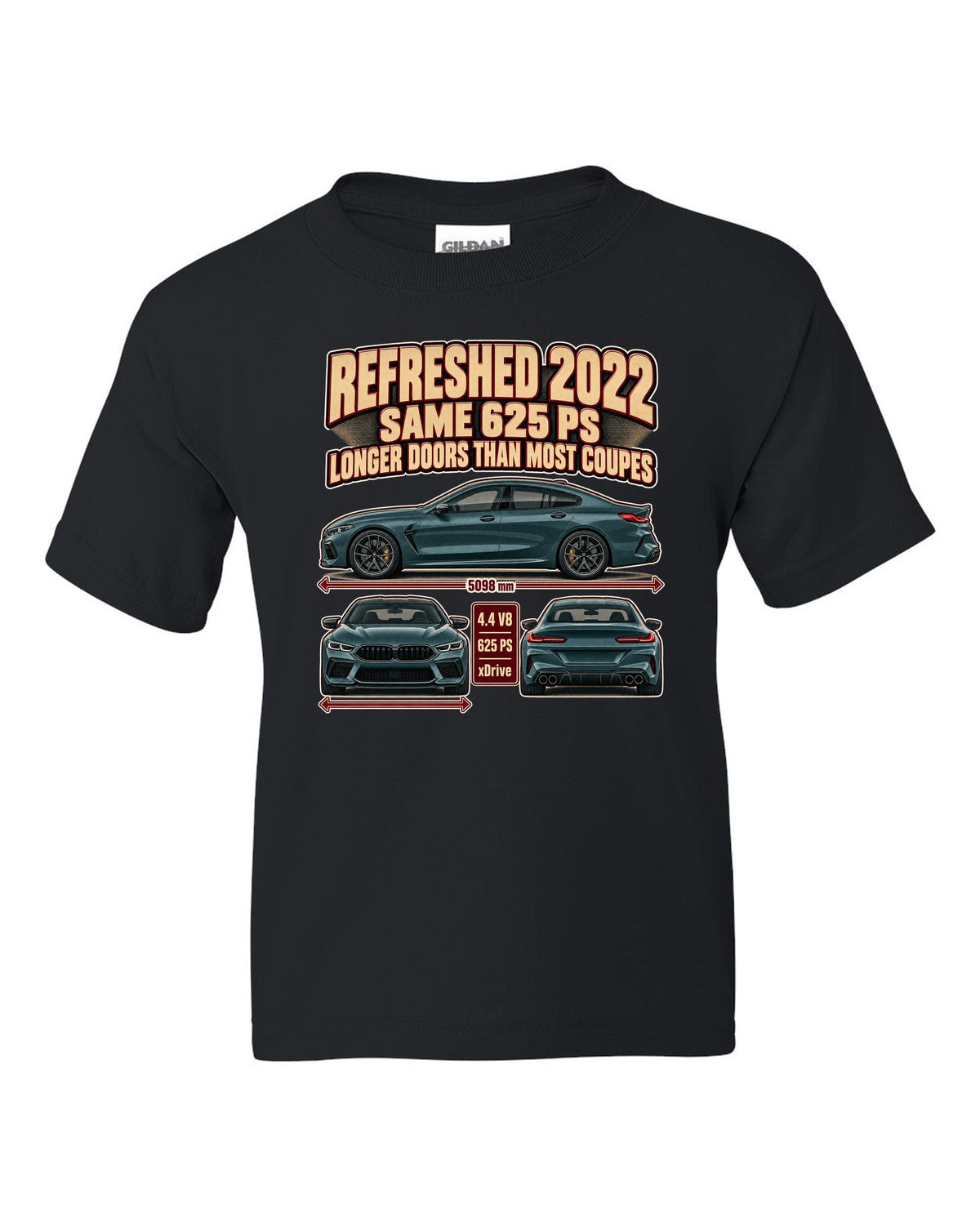 BMW M8 Competition Gran Coupe F93 2022 three-view print on a tee black kids tee front view with the design