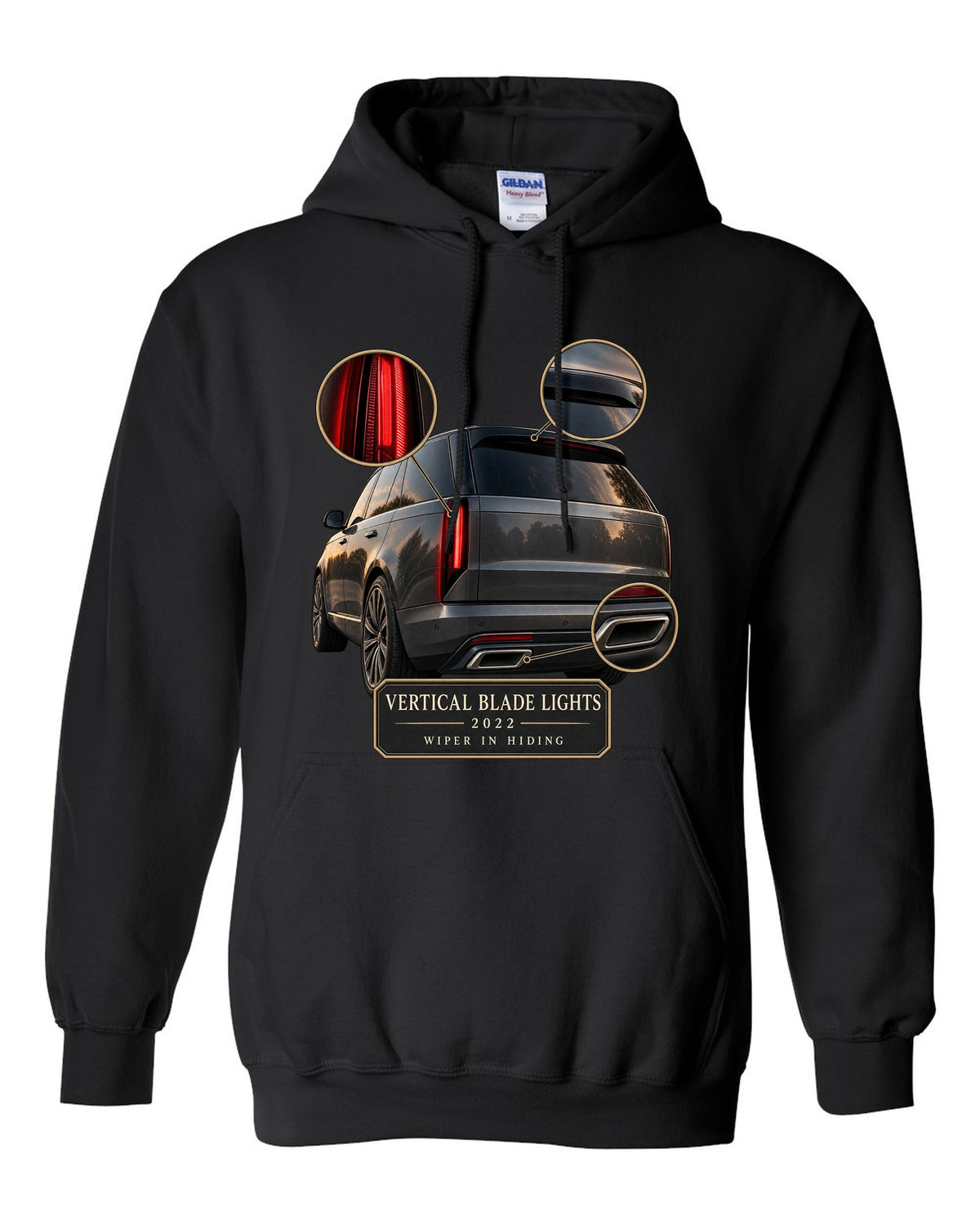 Taillight macro print of the Range Rover L460 with vertical blade lights black pull over hoodie front view with the design