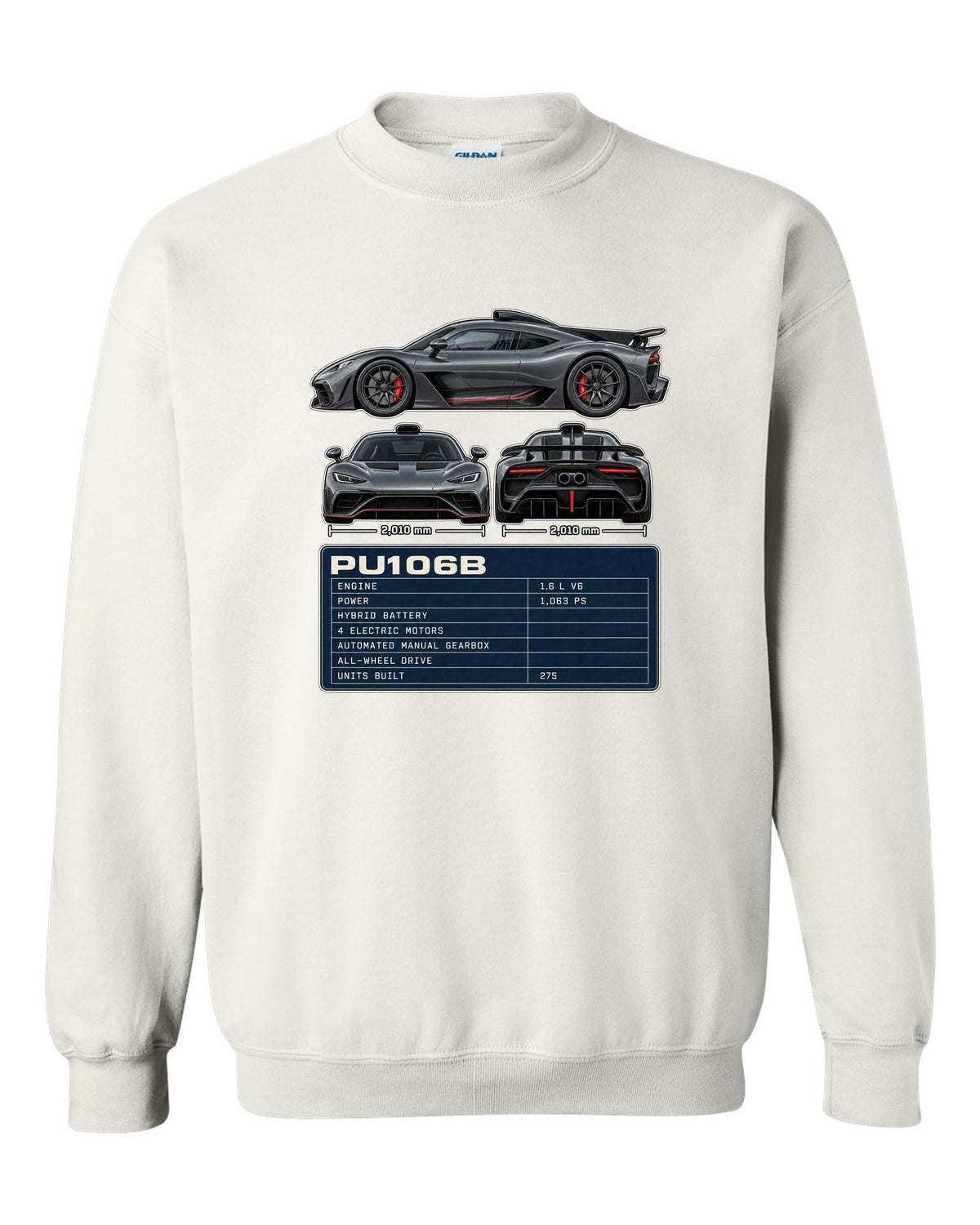 Mercedes-AMG One three-view drawing with PU106B spec table white crewneck front view with the design