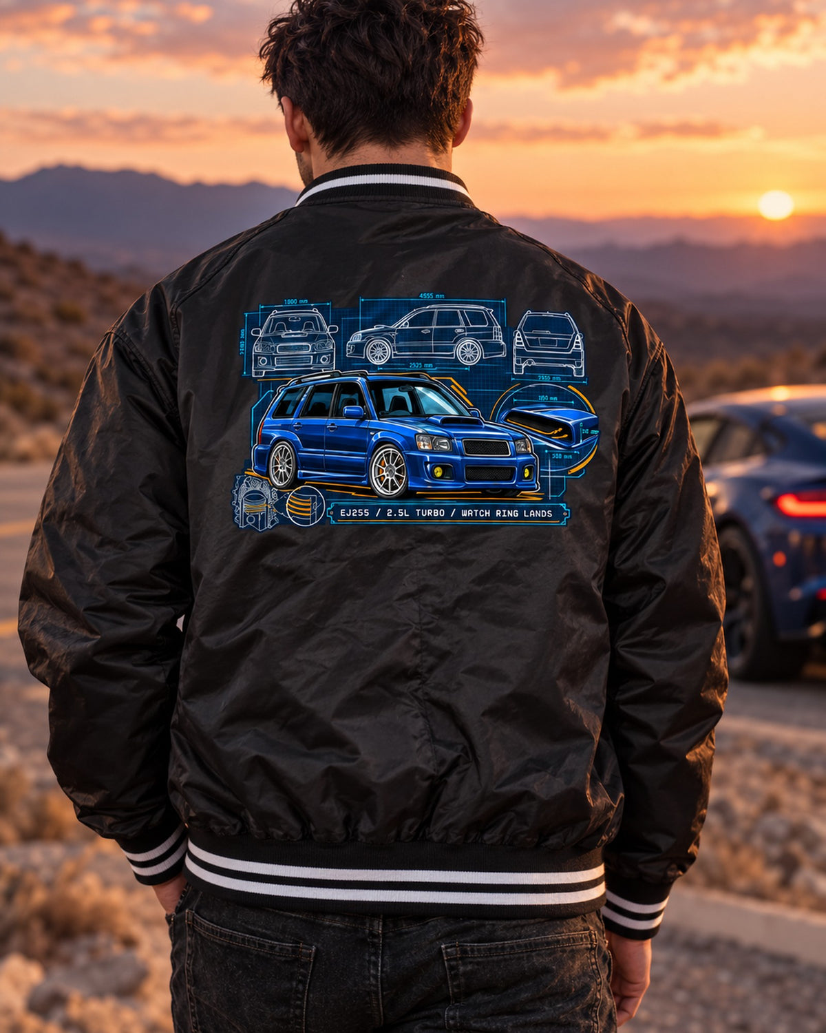 Subaru Forester SG9 EJ255 Scoop Blueprint Sleeper Tee Bomber Jacket Black worn hero