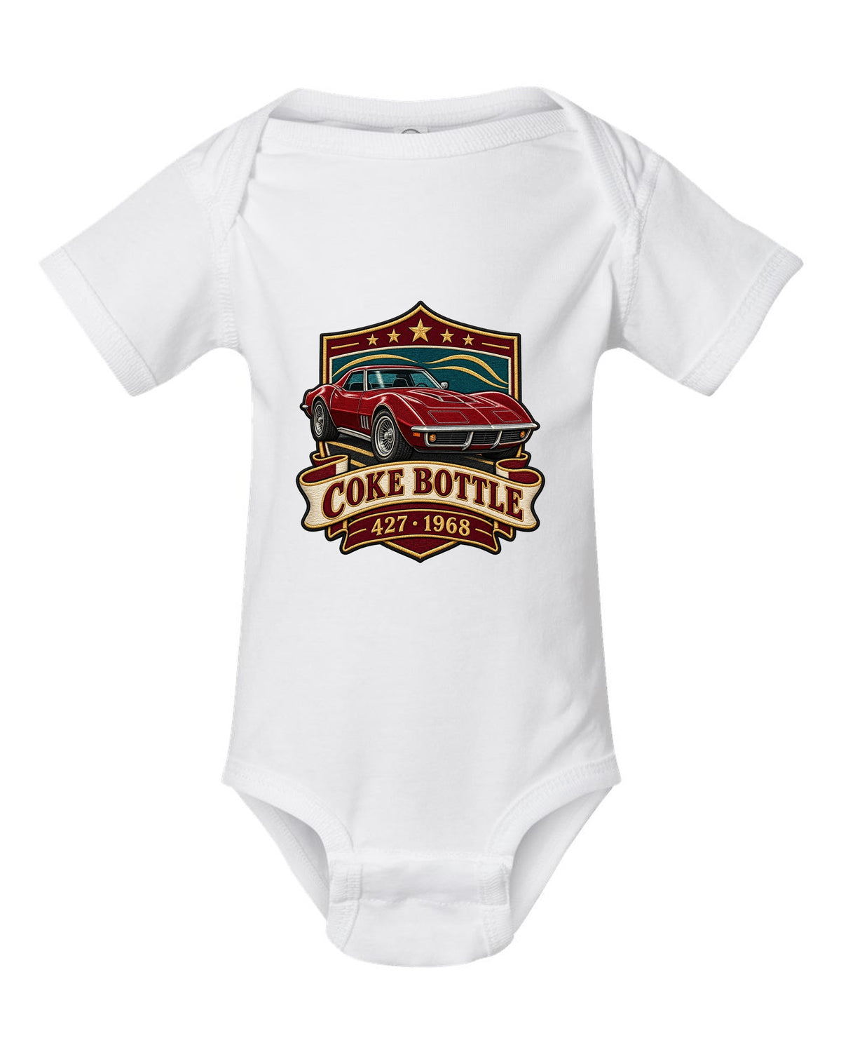 Embroidery style shield crest print of a 1968 Chevrolet Corvette C3 Stingray with Coke Bottle 427 text white baby onesie front view with the design