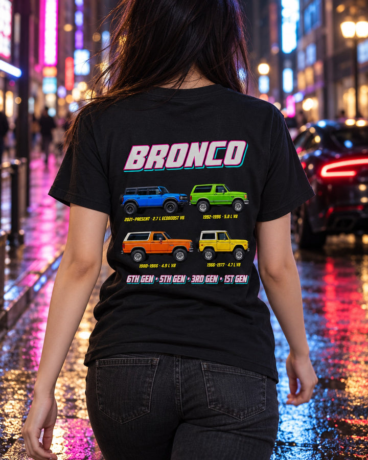 Ford Bronco Evolution Poster Full-Back Graphic Tee T-Shirt Black worn hero
