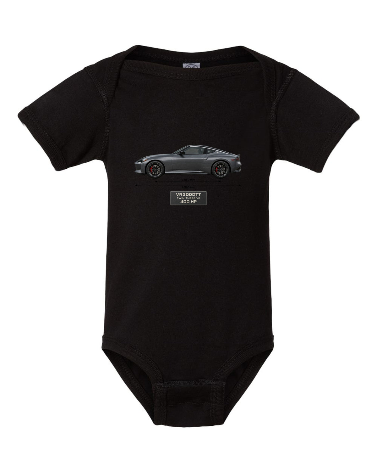 2024 Nissan Z NISMO dossier panels showing 420 hp and 384 lb-ft black baby onesie front view with the design