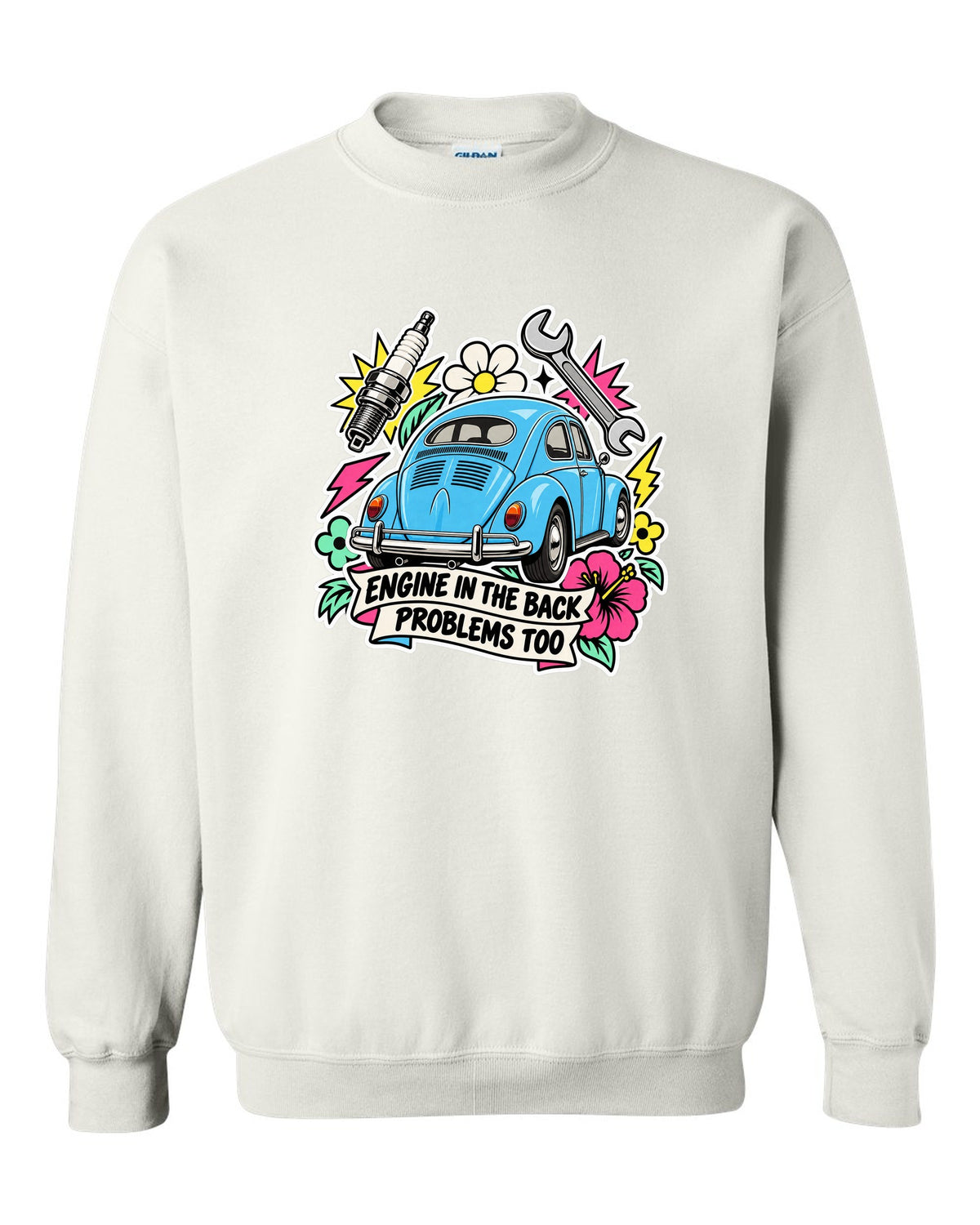 Sticker-bomb collage of a VW Beetle Type 1 with engine in the back lettering white crewneck front view with the design