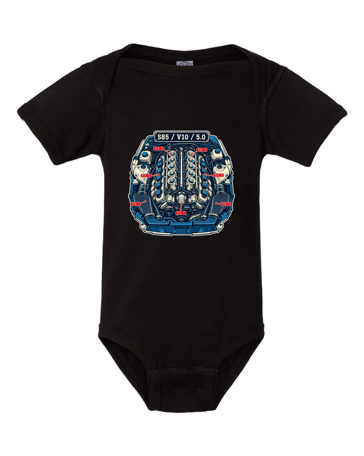 Blueprint patent-style line drawing of the BMW S85 V10 engine from the M5 E60 black baby onesie front view with the design