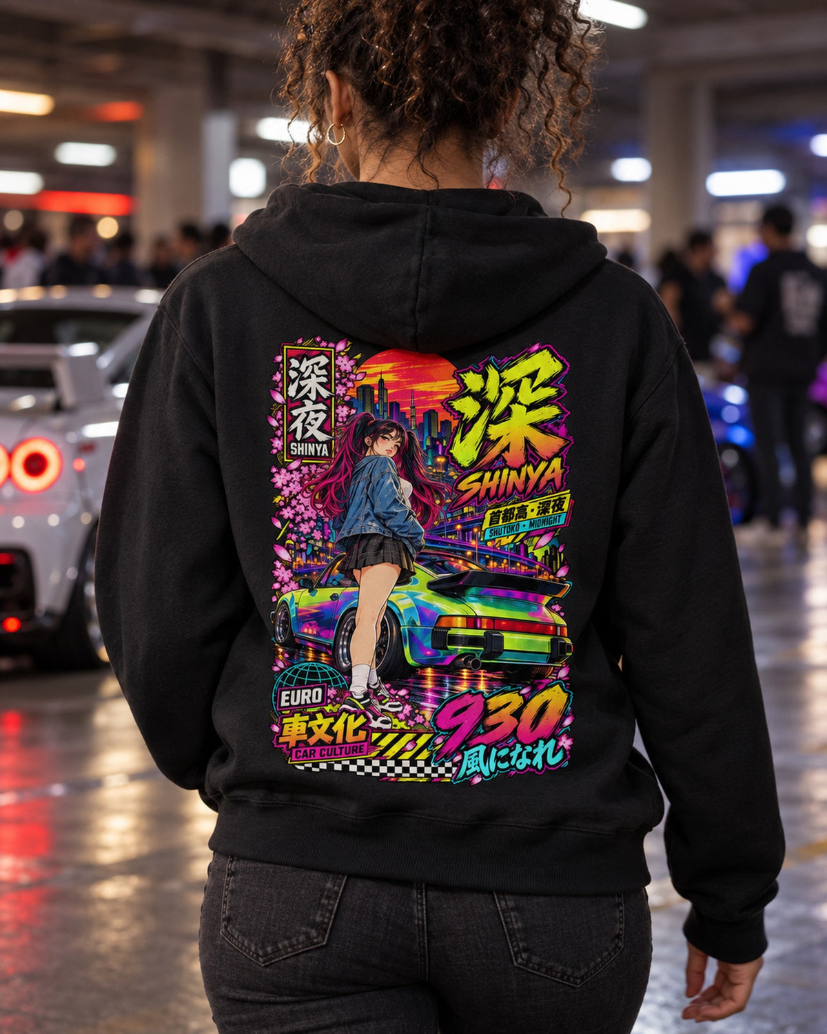 SHINYA 930 Anime Girl Full-Back Graphic Tee Zip Hoodie Black worn hero
