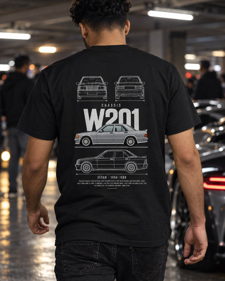 Mercedes 190E 2.3-16 sedan Blueprint Full-Back Graphic Tee, W201 Chassis Code T-Shirt Black worn hero