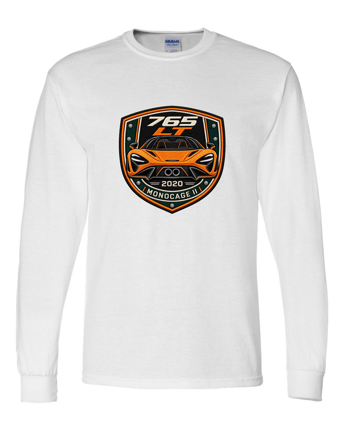 Embroidery varsity crest print for the McLaren 765LT with 765 LT 2020 Monocage II lettering white long sleeve front view with the design