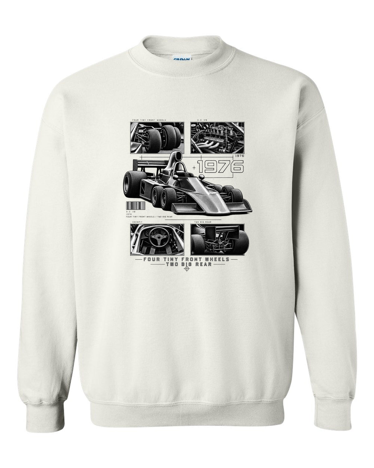 Tyrrell P34 six-wheel F1 car dossier panel print white crewneck front view with the design