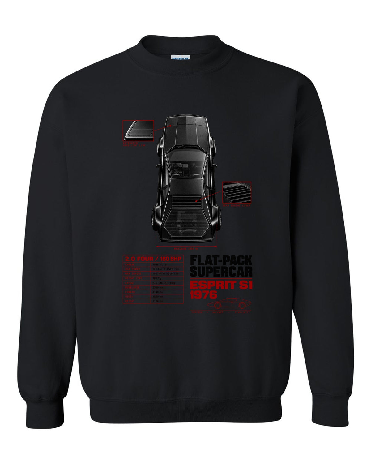 Lotus Esprit S1 top-down spec poster with 2.0 four and 160 bhp black crewneck front view with the design