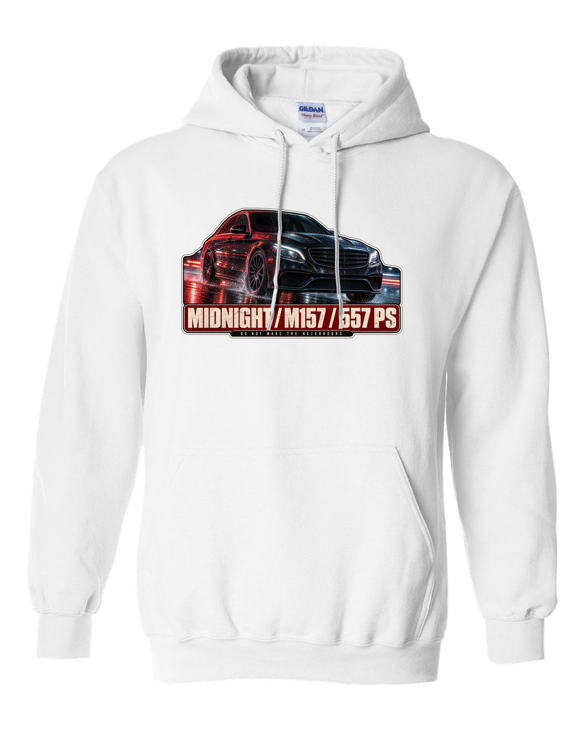 Night street print of a Mercedes-AMG E63 W212 facelift in blue and red light white pull over hoodie front view with the design