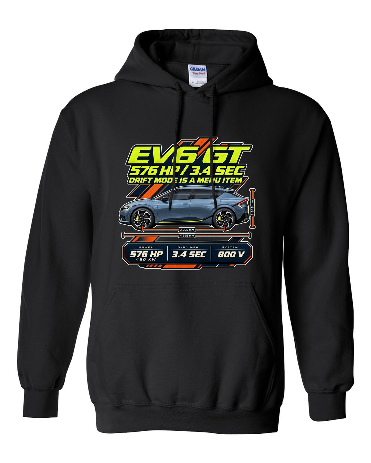 Kia EV6 GT spec poster print on a shirt black pull over hoodie front view with the design