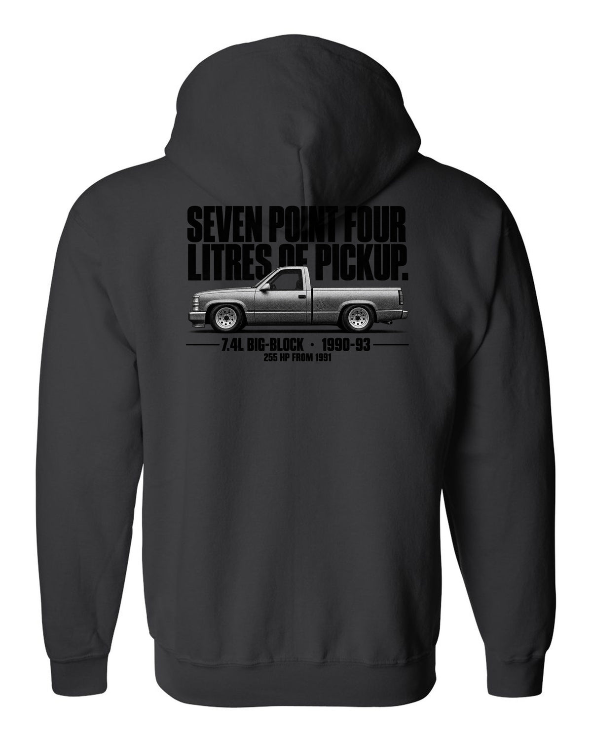 Chevy 454 SS Pickup Halftone Profile black zip hoodie back view with the design