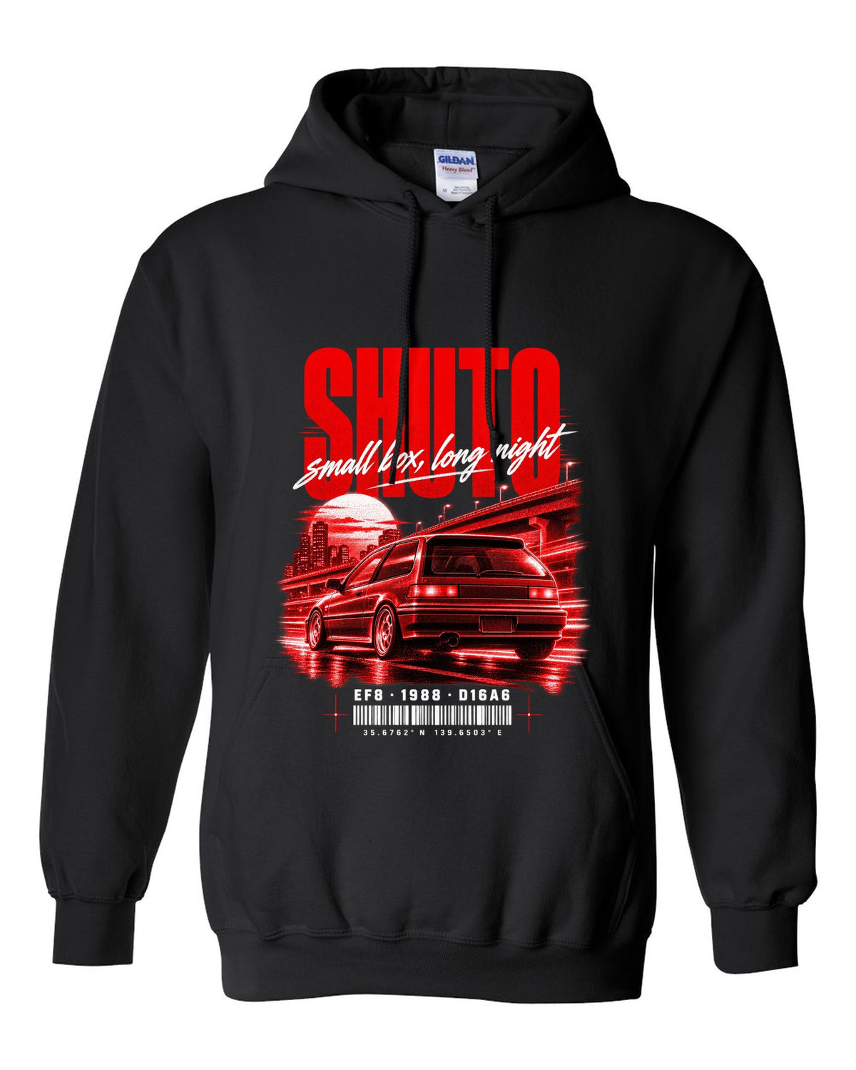 Street poster print for the 1988 Honda CRX EF8 Si with Shuto night lettering and D16A6 engine code black pull over hoodie front view with the design