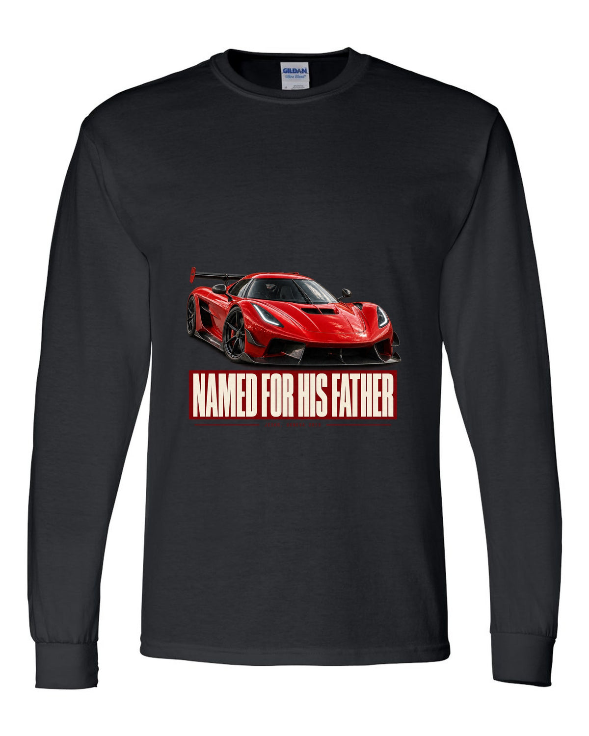 Editorial headline poster of a Koenigsegg Jesko Attack front three-quarter, print black long sleeve front view with the design