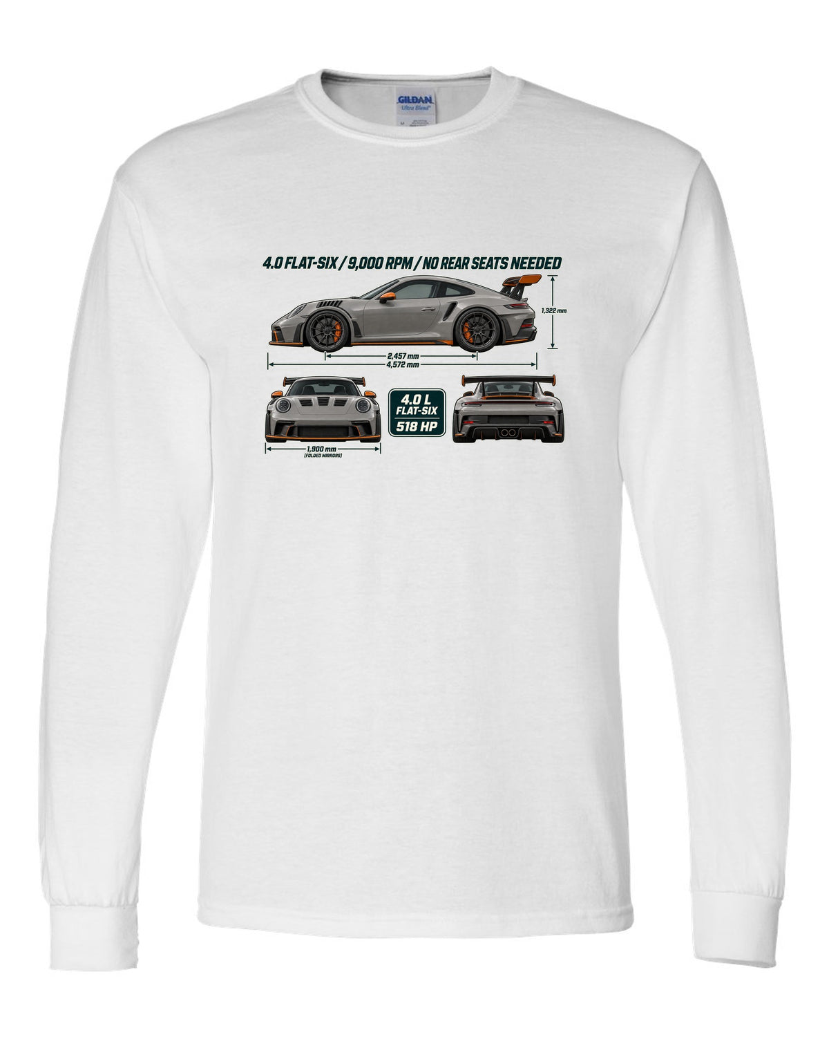 Three-view drawing and spec table of a Porsche 911 GT3 RS 992 in warm grey white long sleeve front view with the design