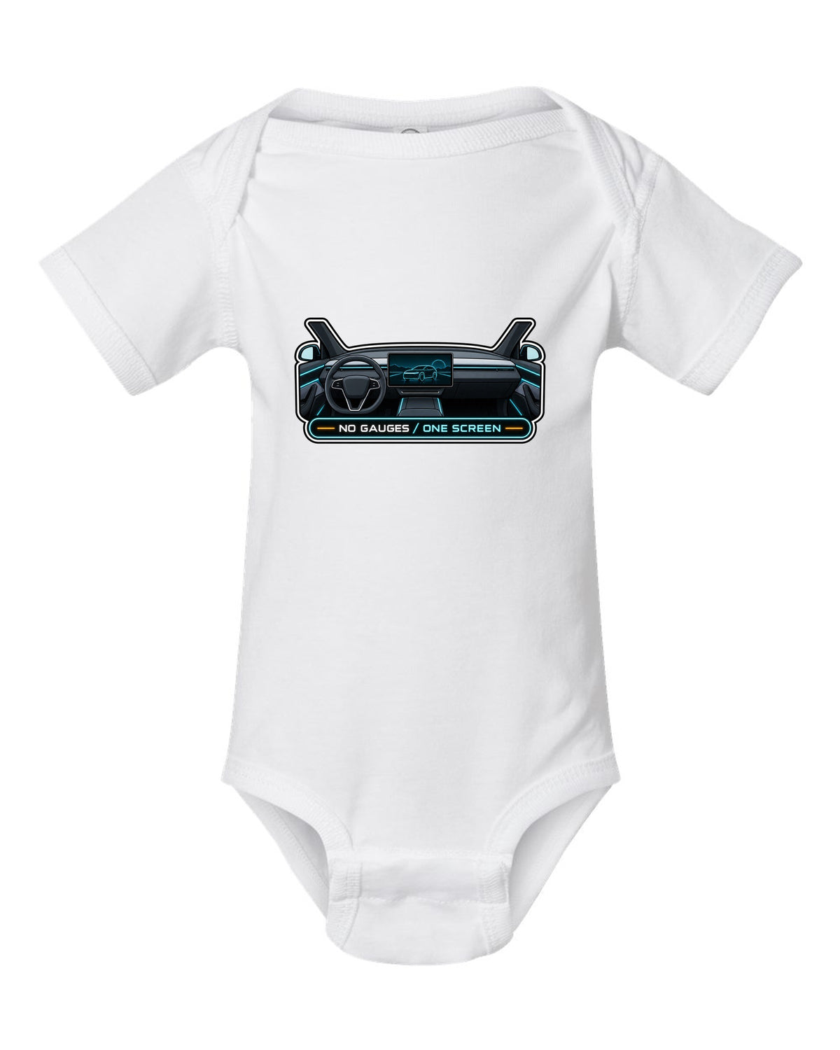Gauge cluster HUD parody print of a Tesla Model Y Juniper reading No Gauges One Screen white baby onesie front view with the design