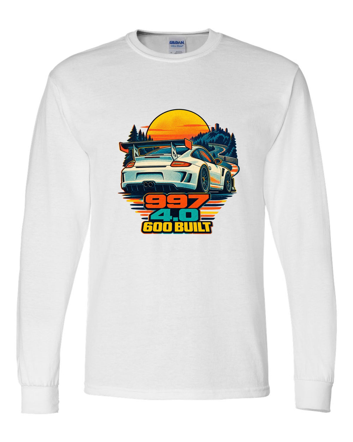 Misregistered risograph print of a Porsche 911 GT3 RS 4.0 997 at sunrise white long sleeve front view with the design