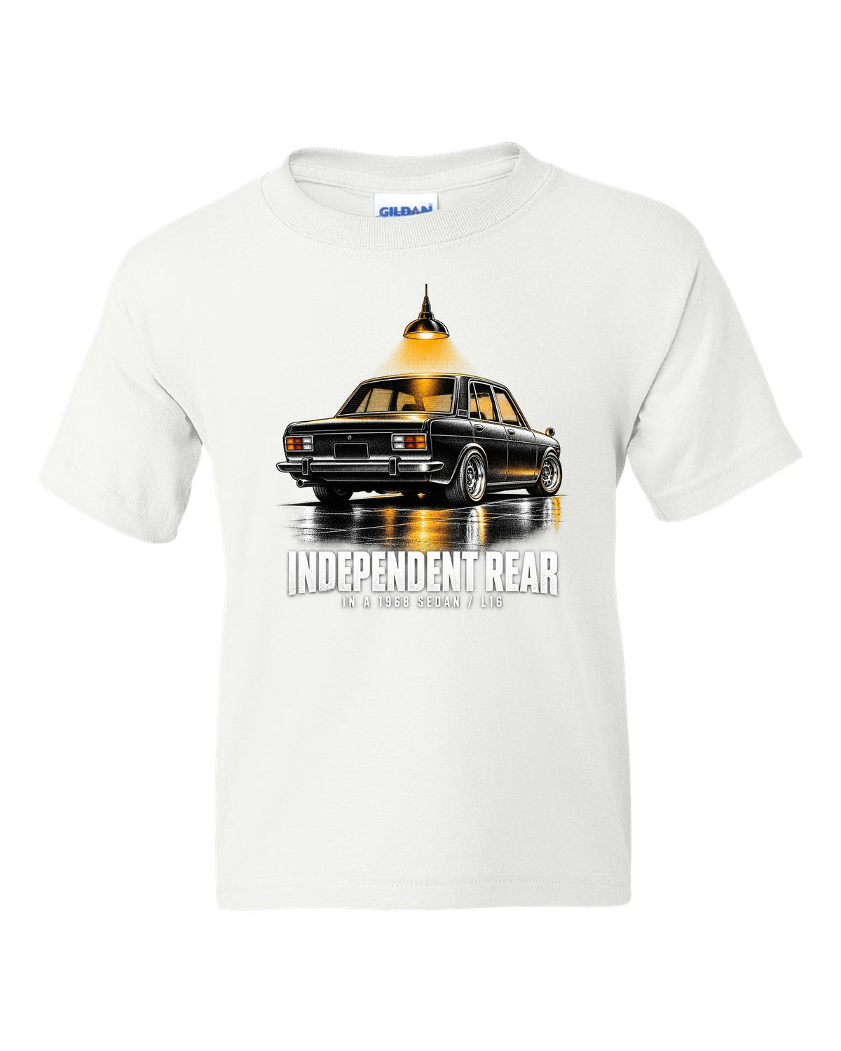 print of a 1968 Datsun 510 PL510 sedan from the rear three-quarter in a night garage white kids tee front view with the design